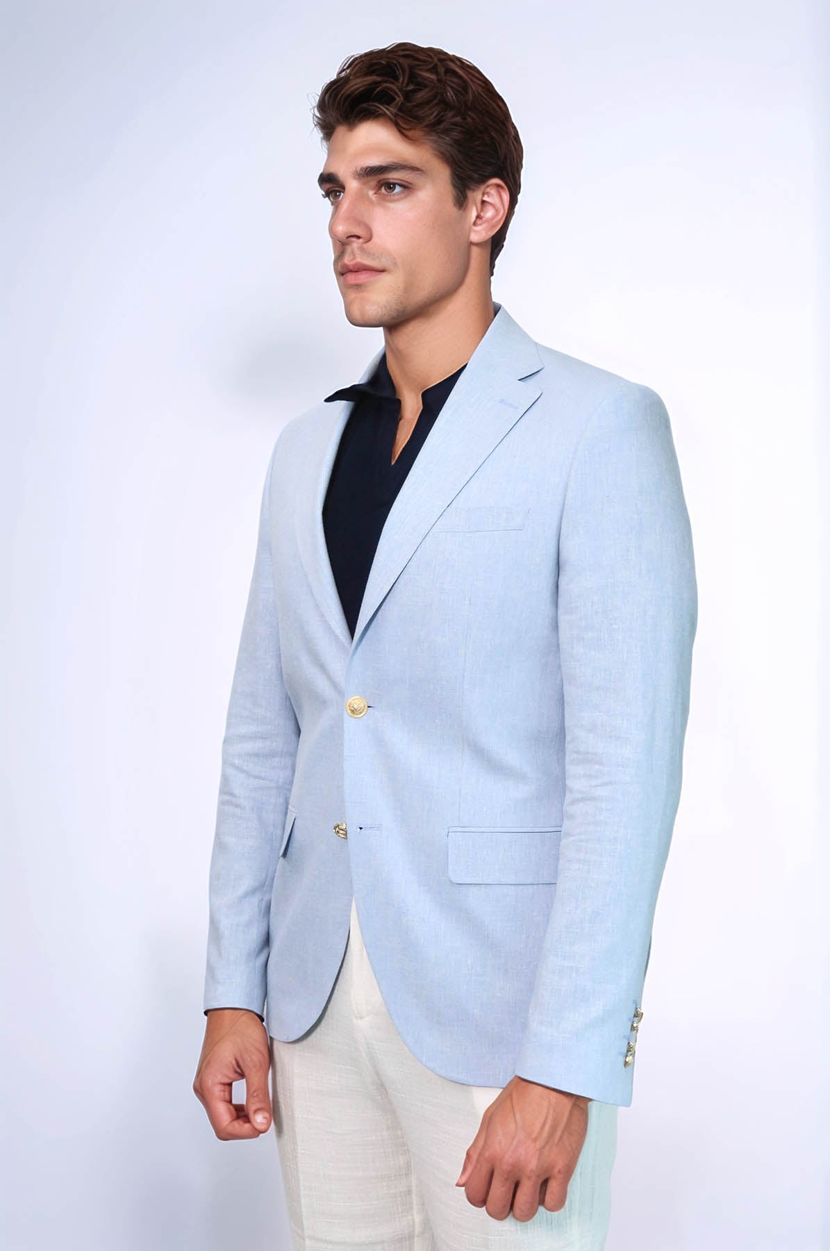 KOALA SYDNEY Light Blue Textured Linen-Feel Gold Metal Button Slim Fit Men's Blazer Jacket
