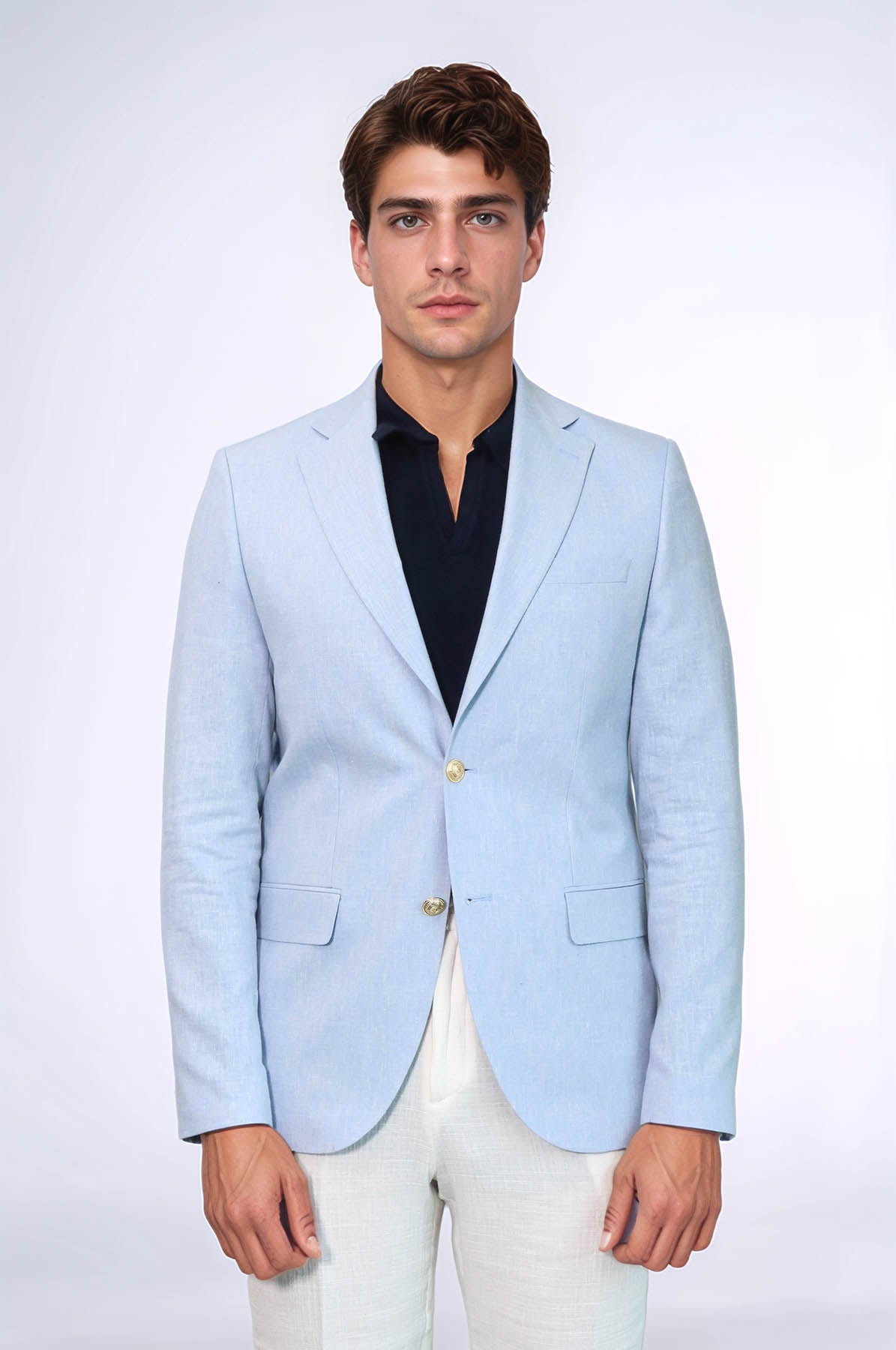 KOALA SYDNEY Light Blue Textured Linen-Feel Gold Metal Button Slim Fit Men's Blazer Jacket