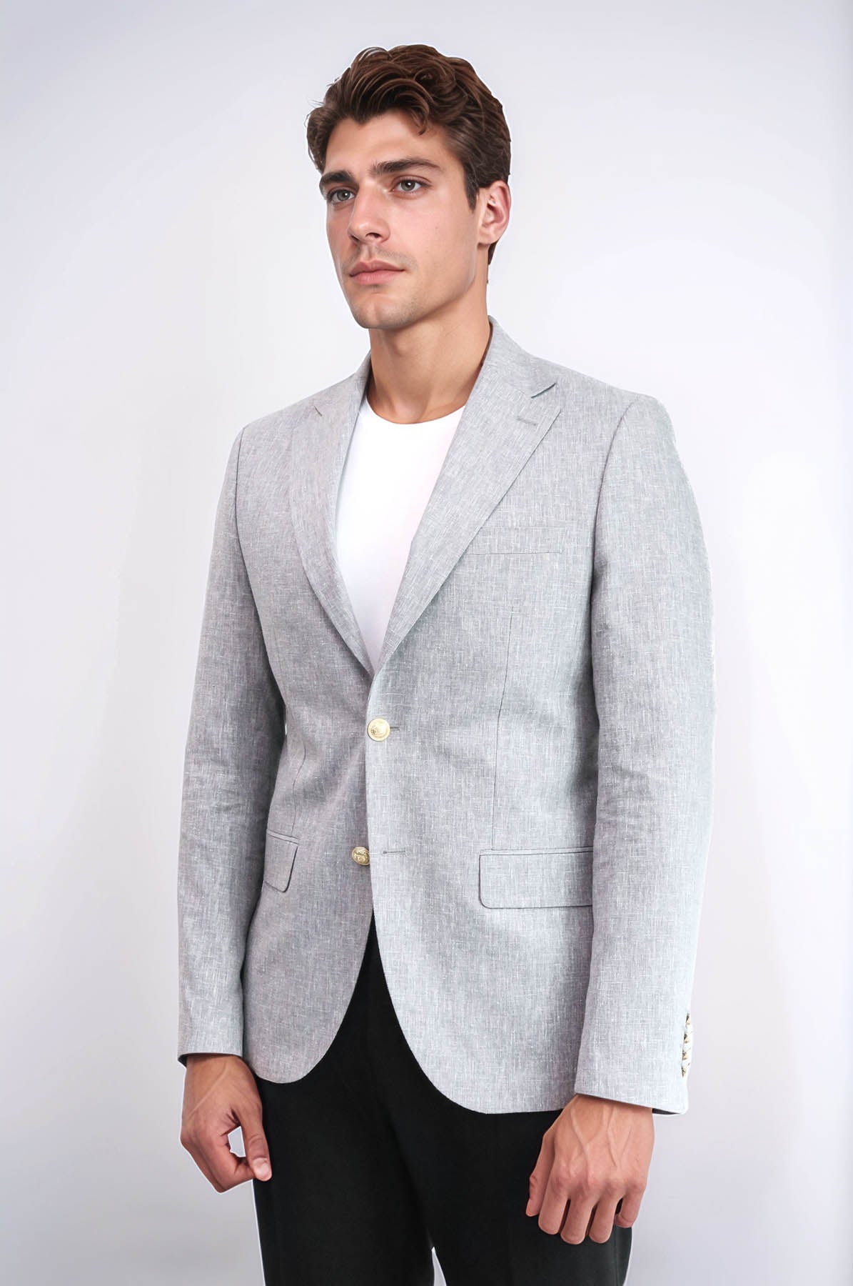 KOALA SYDNEY Grey Textured Linen-Feel Gold Metal Button Slim Fit Men's Blazer Jacket