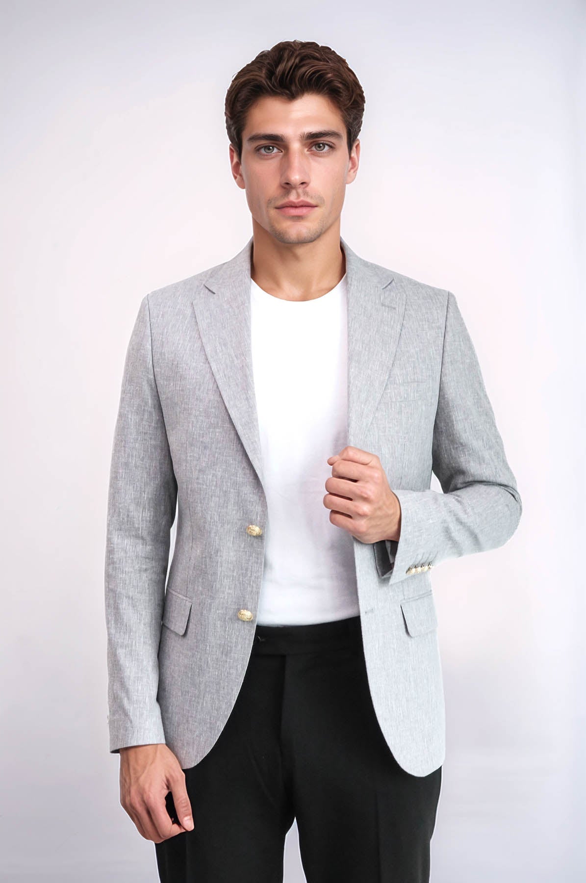 KOALA SYDNEY Grey Textured Linen-Feel Gold Metal Button Slim Fit Men's Blazer Jacket