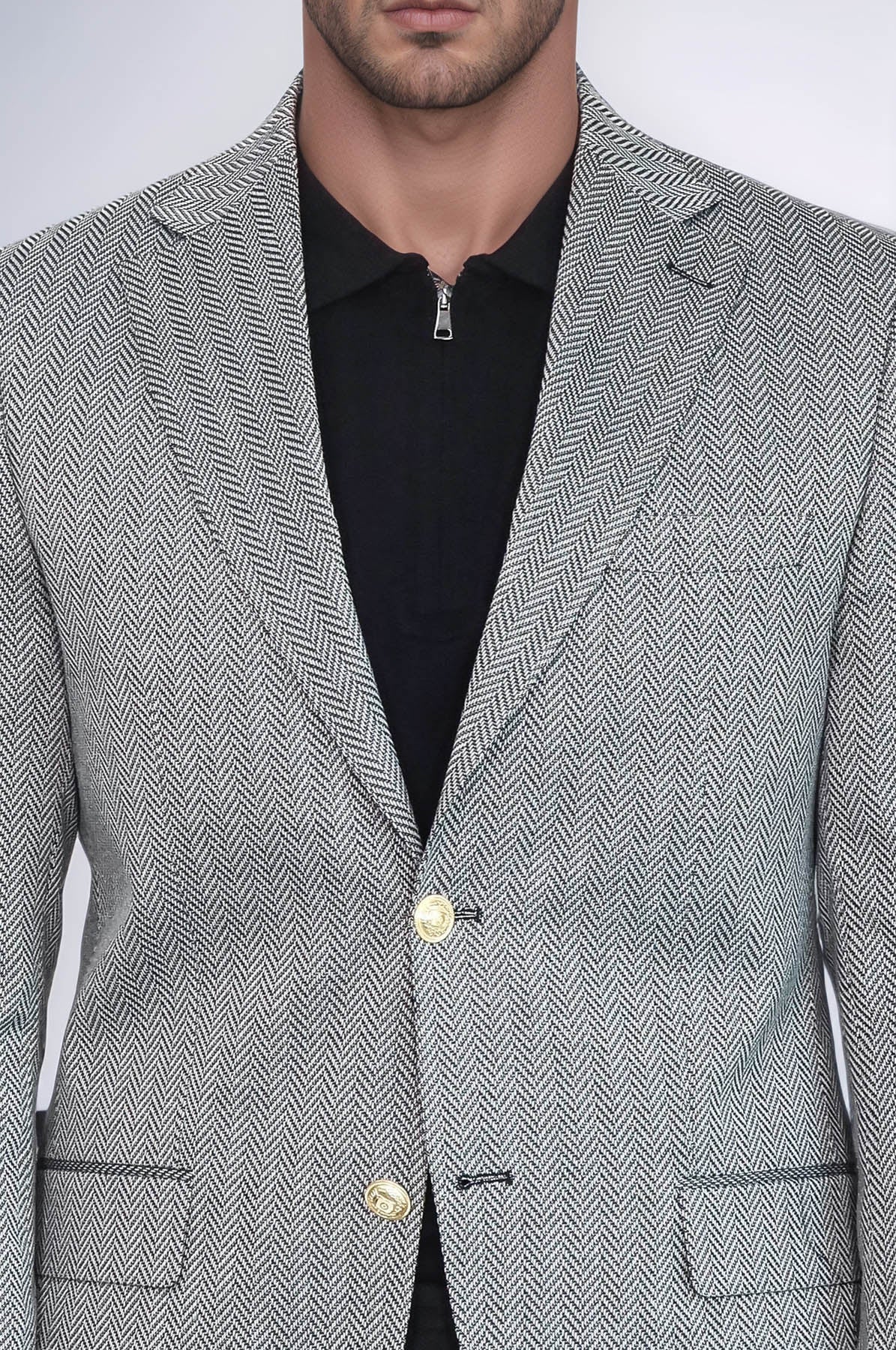 KOALA SYDNEY Black Herringbone Pattern Gold Metal Button Slim Fit Men's Blazer Jacket