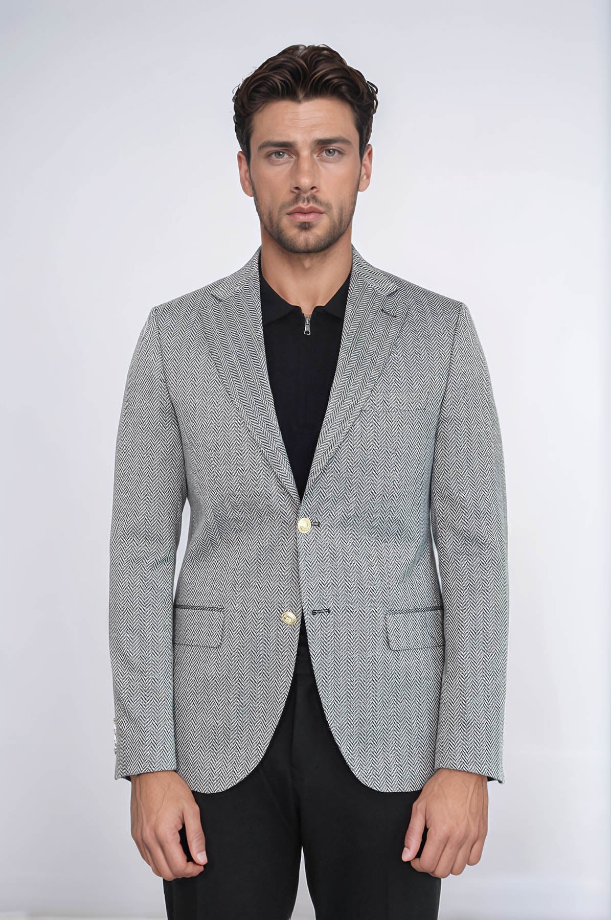 KOALA SYDNEY Black Herringbone Pattern Gold Metal Button Slim Fit Men's Blazer Jacket