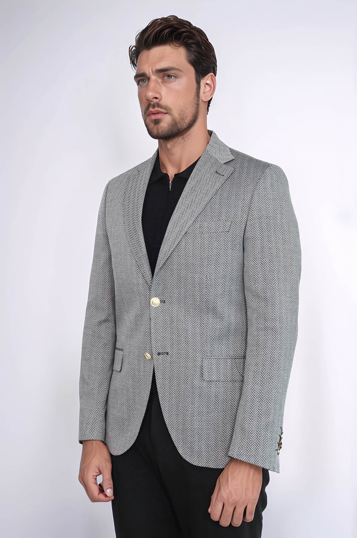 KOALA SYDNEY Black Herringbone Pattern Gold Metal Button Slim Fit Men's Blazer Jacket