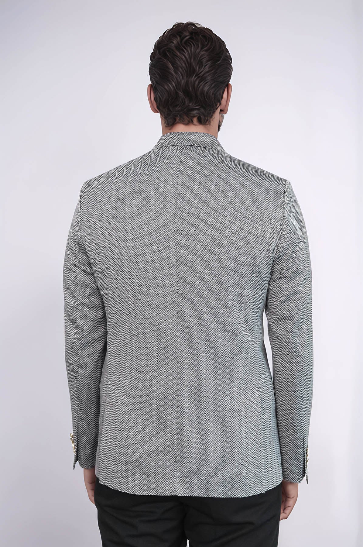 KOALA SYDNEY Black Herringbone Pattern Gold Metal Button Slim Fit Men's Blazer Jacket