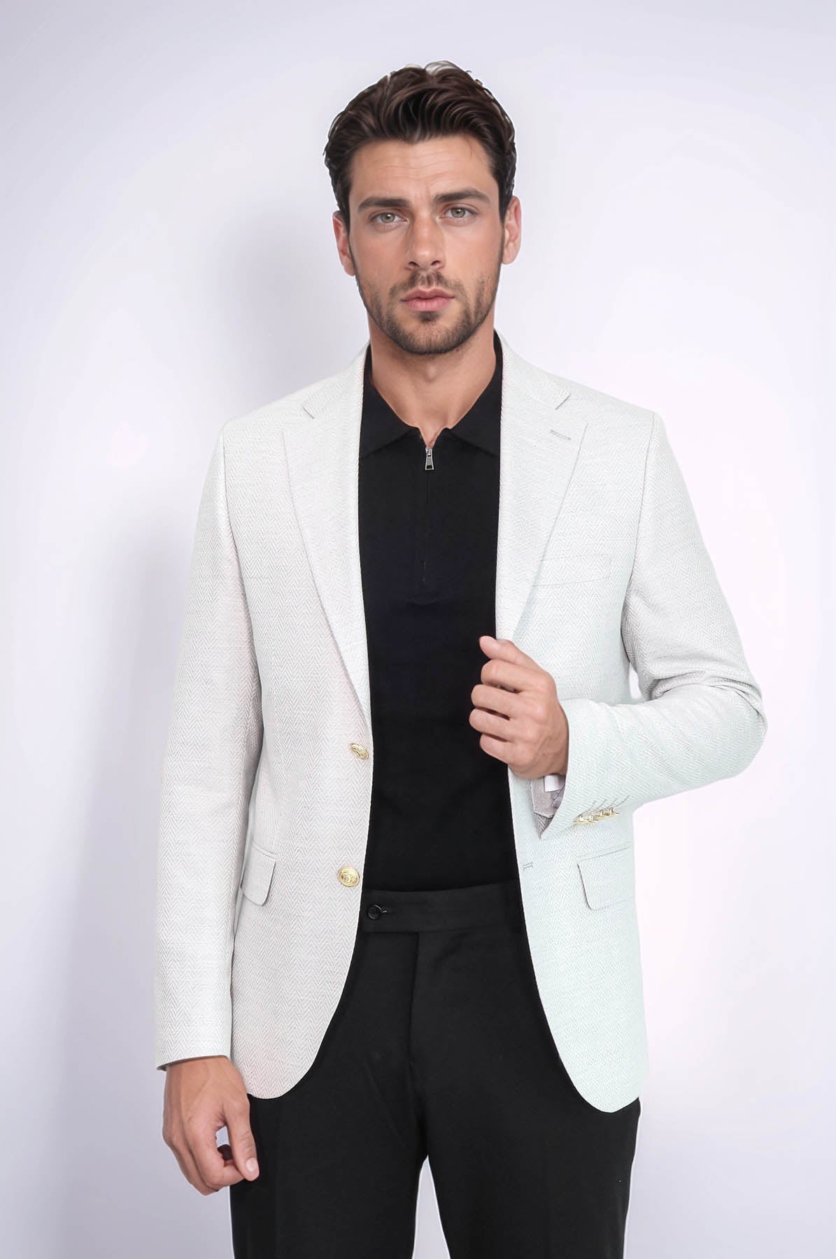 KOALA SYDNEY Light Grey Herringbone Pattern Gold Metal Button Slim Fit Men's Blazer Jacket -