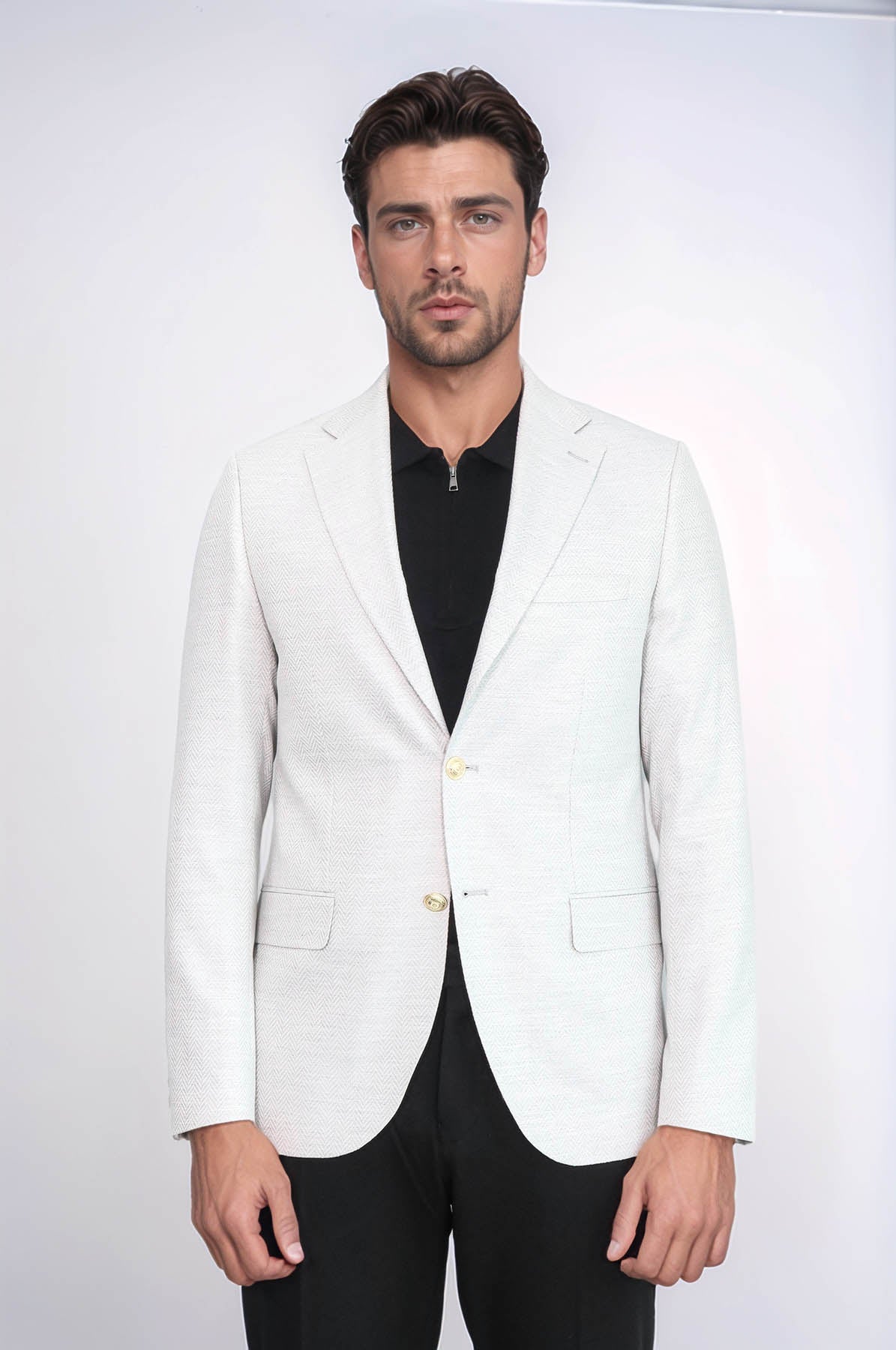 KOALA SYDNEY Light Grey Herringbone Pattern Gold Metal Button Slim Fit Men's Blazer Jacket -