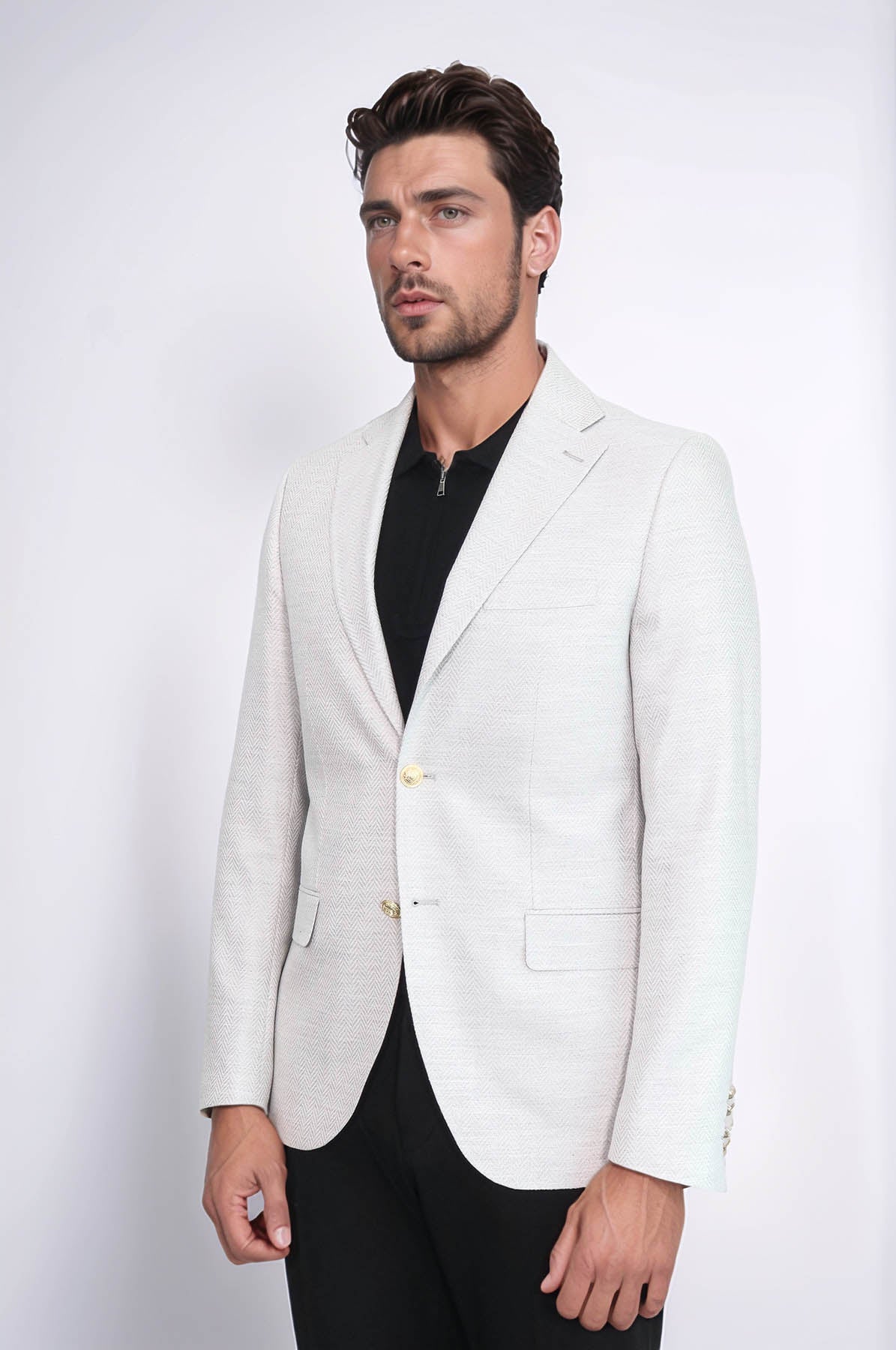 KOALA SYDNEY Light Grey Herringbone Pattern Gold Metal Button Slim Fit Men's Blazer Jacket -