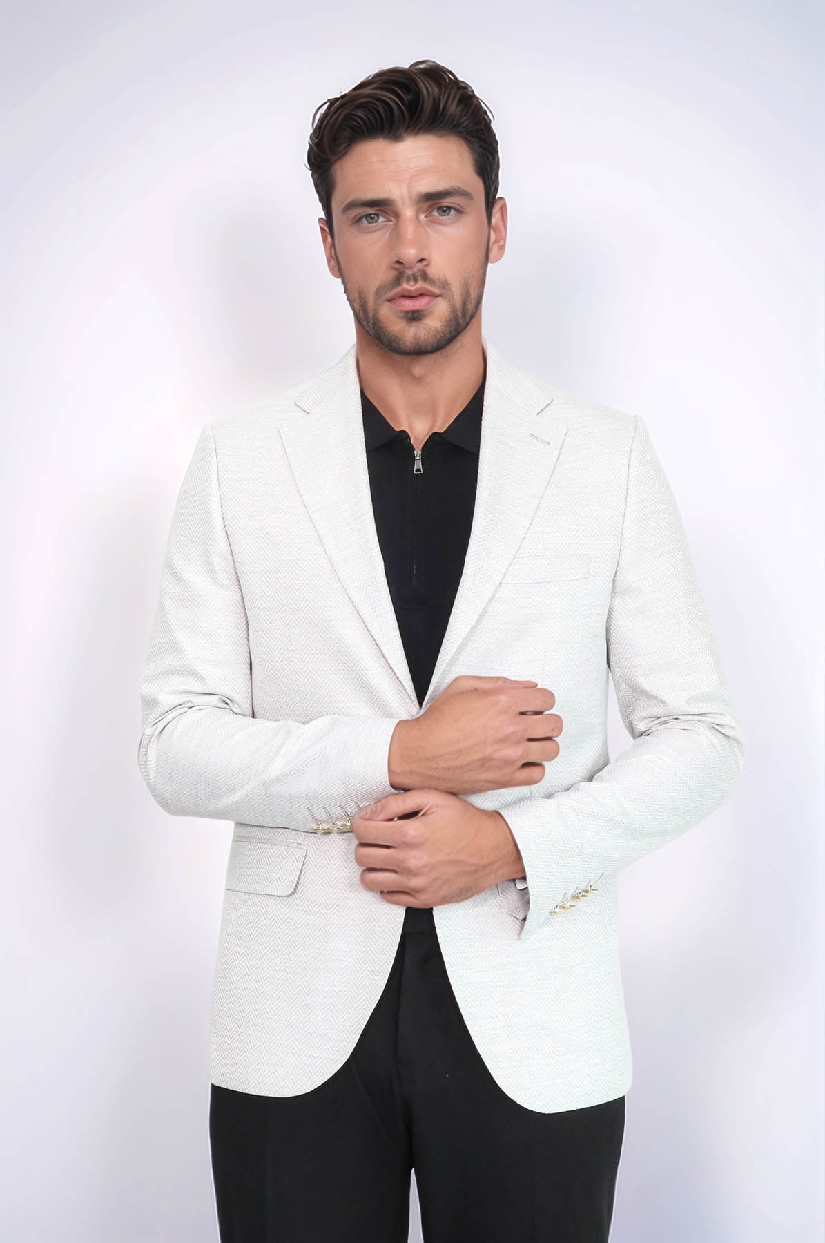 KOALA SYDNEY Light Grey Herringbone Pattern Gold Metal Button Slim Fit Men's Blazer Jacket -
