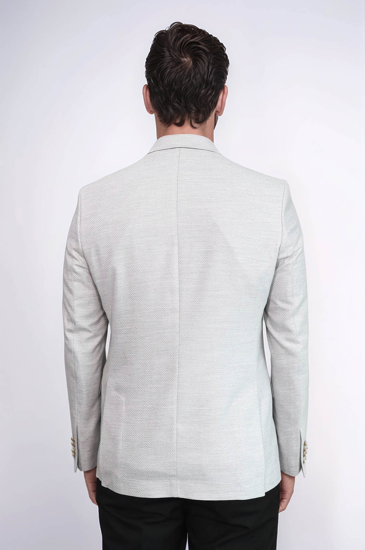 KOALA SYDNEY Light Grey Herringbone Pattern Gold Metal Button Slim Fit Men's Blazer Jacket -