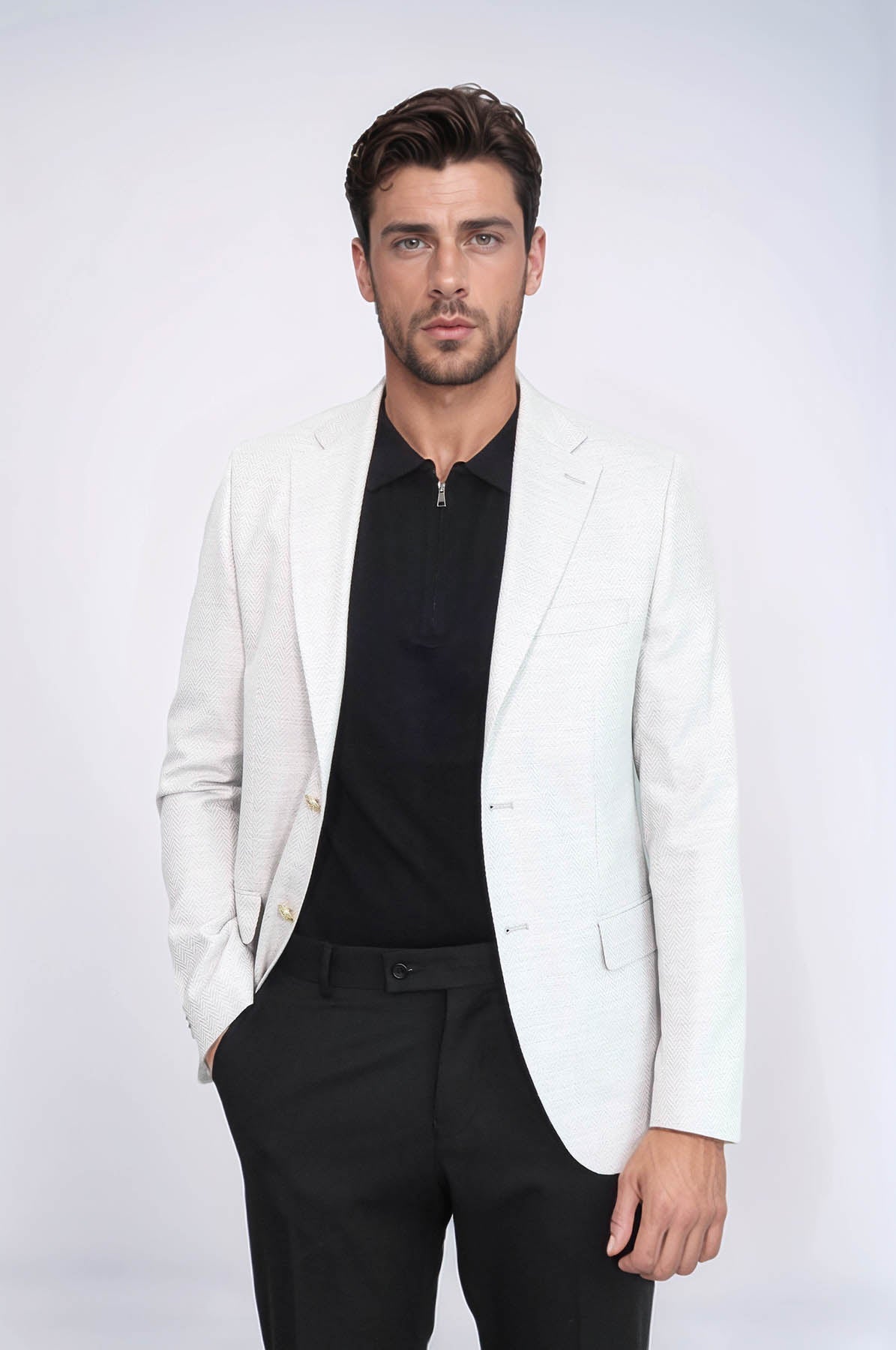 KOALA SYDNEY Light Grey Herringbone Pattern Gold Metal Button Slim Fit Men's Blazer Jacket -