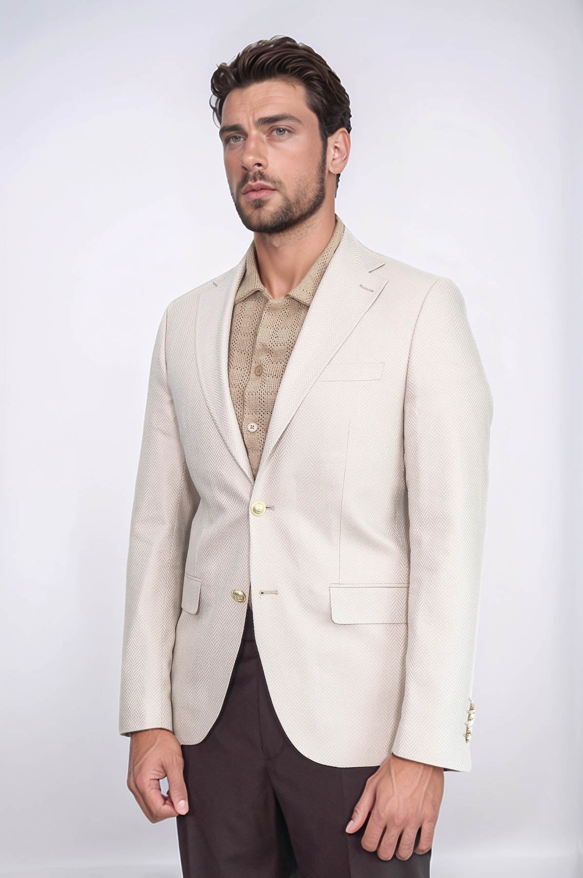 Beige Herringbone Pattern Gold MetalButton Slim Fit Men's Blazer Jacket