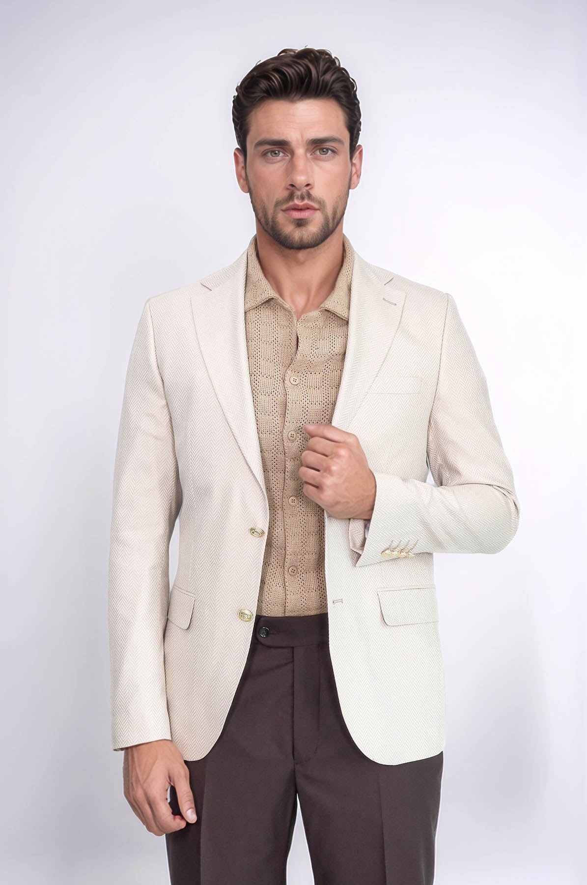 Beige Herringbone Pattern Gold MetalButton Slim Fit Men's Blazer Jacket