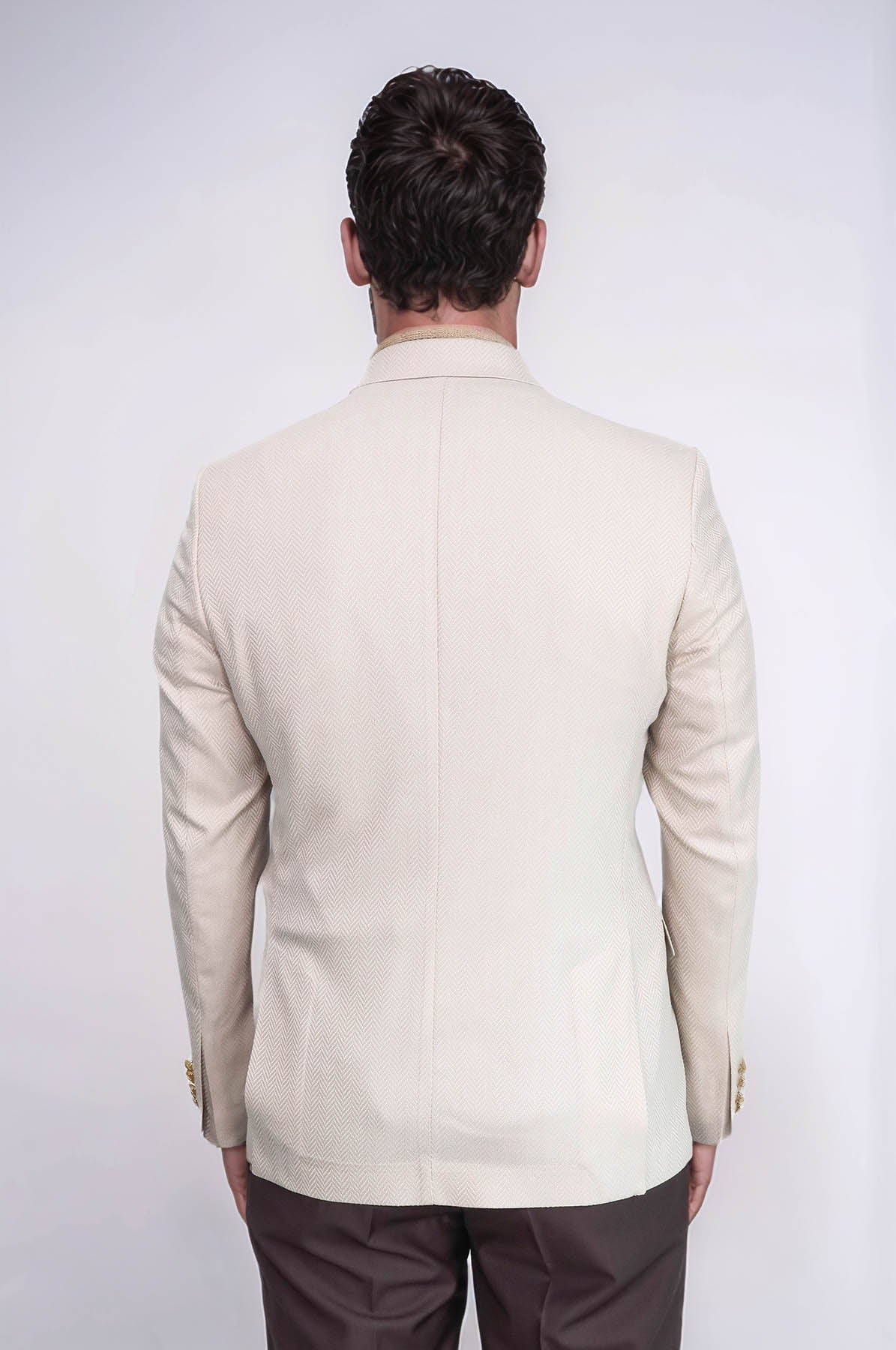 Beige Herringbone Pattern Gold MetalButton Slim Fit Men's Blazer Jacket