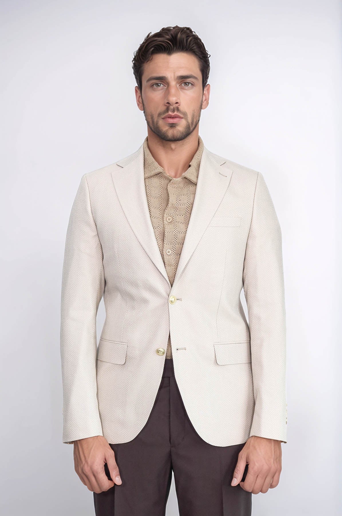 Beige Herringbone Pattern Gold MetalButton Slim Fit Men's Blazer Jacket