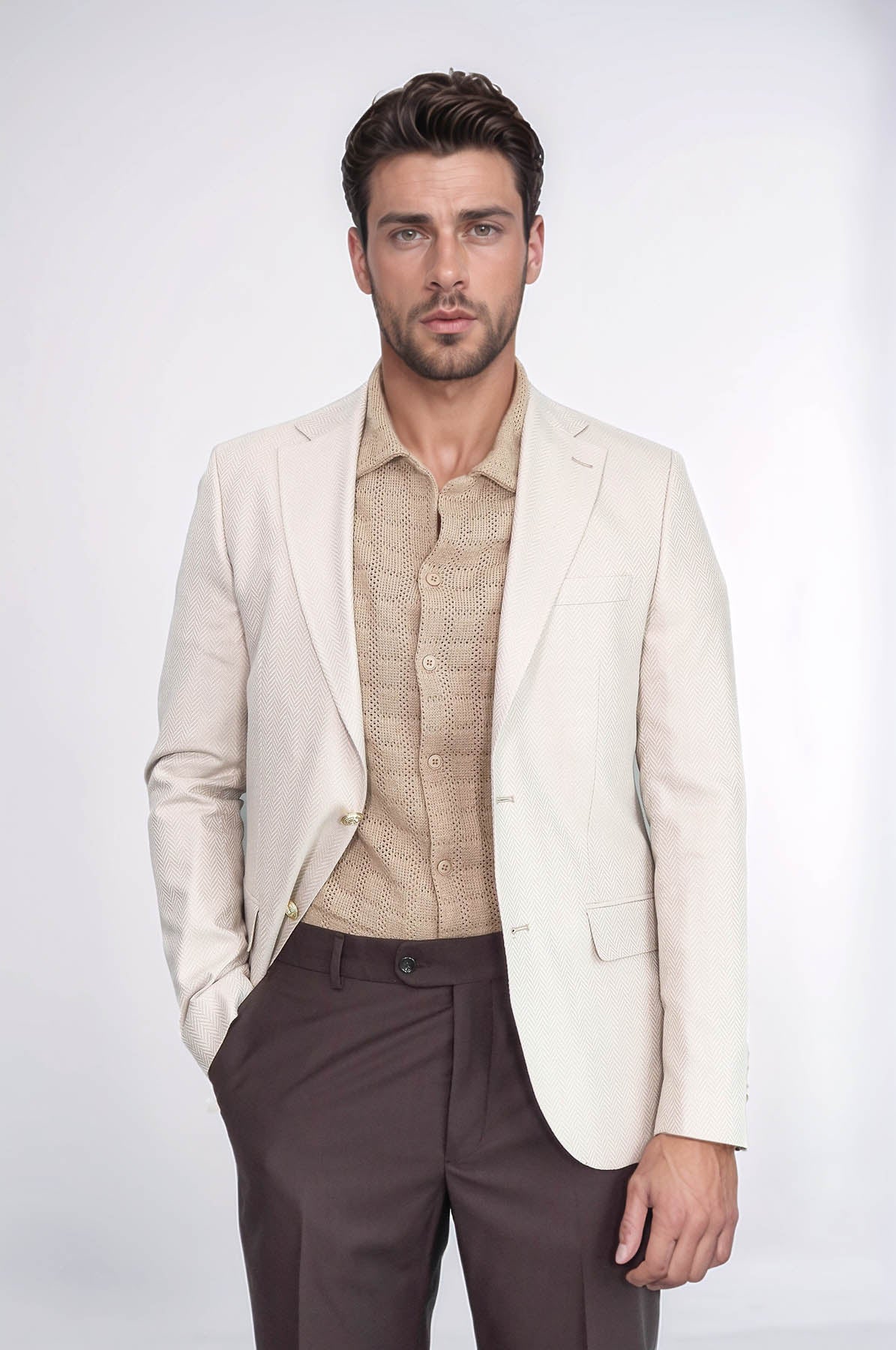 Beige Herringbone Pattern Gold MetalButton Slim Fit Men's Blazer Jacket