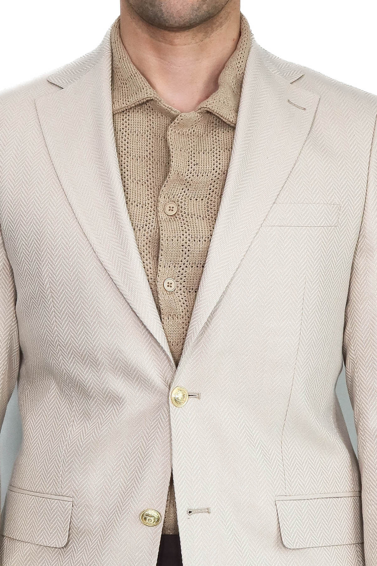 Beige Herringbone Pattern Gold MetalButton Slim Fit Men's Blazer Jacket