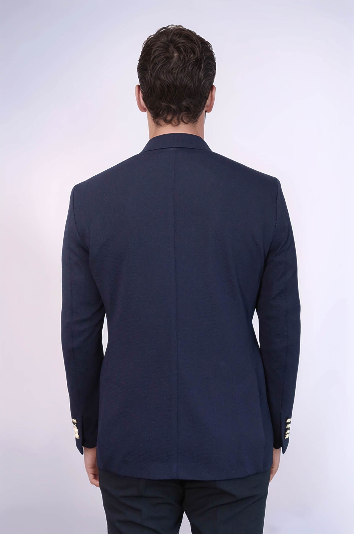 Navy Blue Textured Gold Metal Button Slim Fit Men's Blazer Jacket