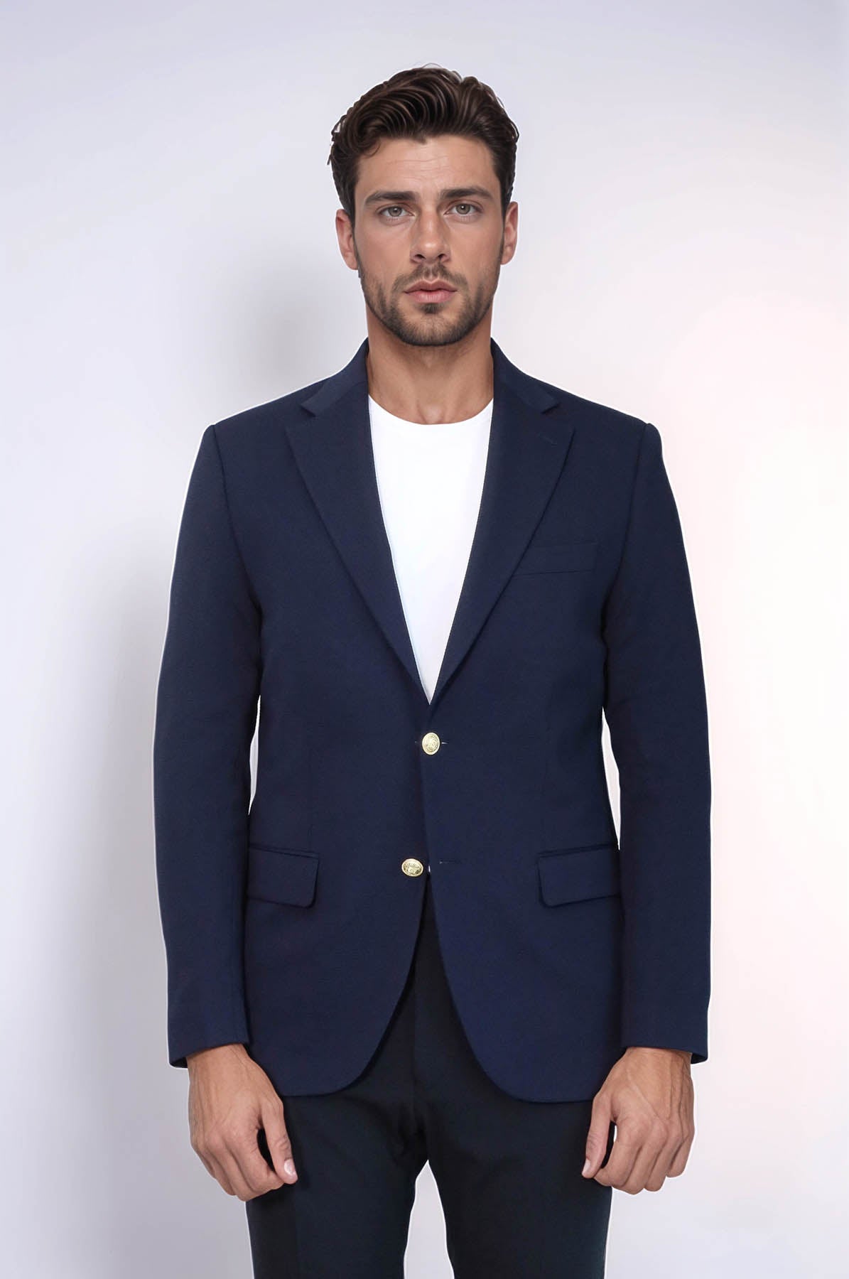 Navy Blue Textured Gold Metal Button Slim Fit Men's Blazer Jacket