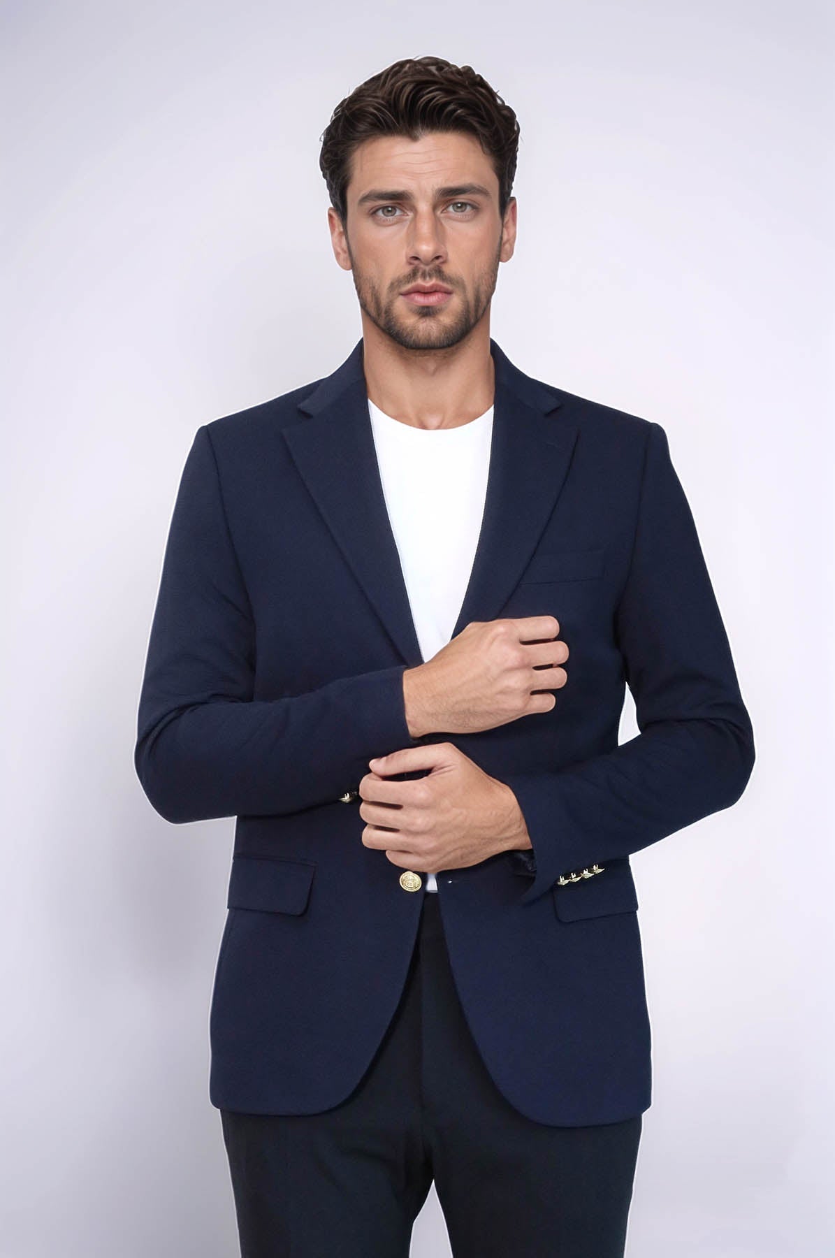 Navy Blue Textured Gold Metal Button Slim Fit Men's Blazer Jacket