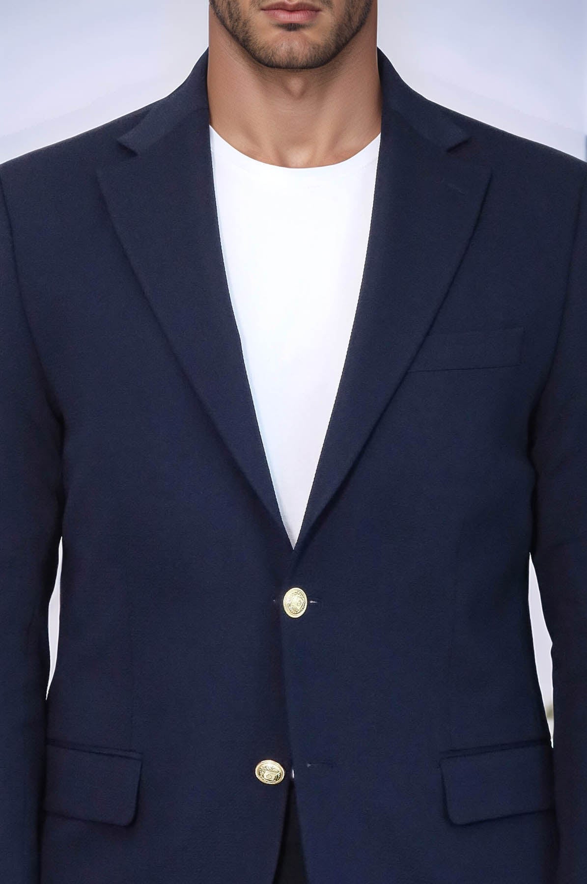 Navy Blue Textured Gold Metal Button Slim Fit Men's Blazer Jacket