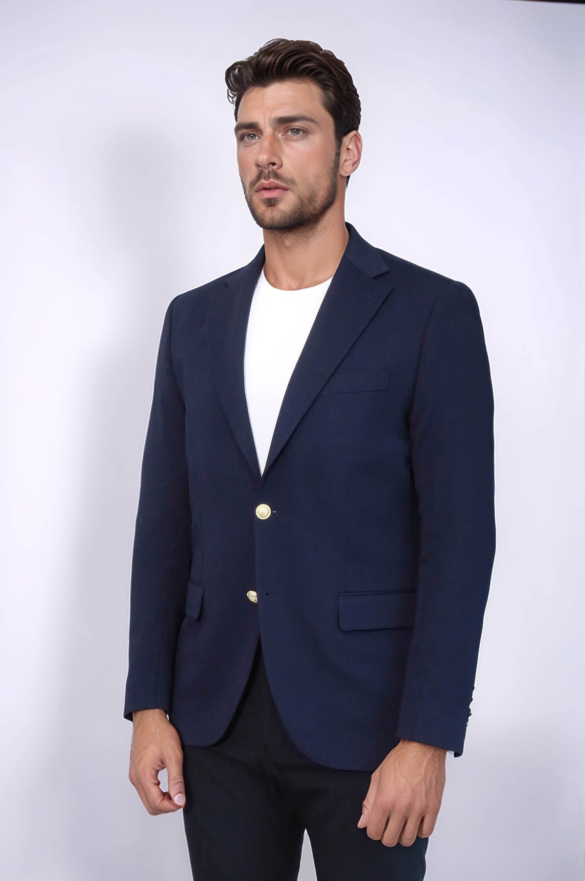 Navy Blue Textured Gold Metal Button Slim Fit Men's Blazer Jacket