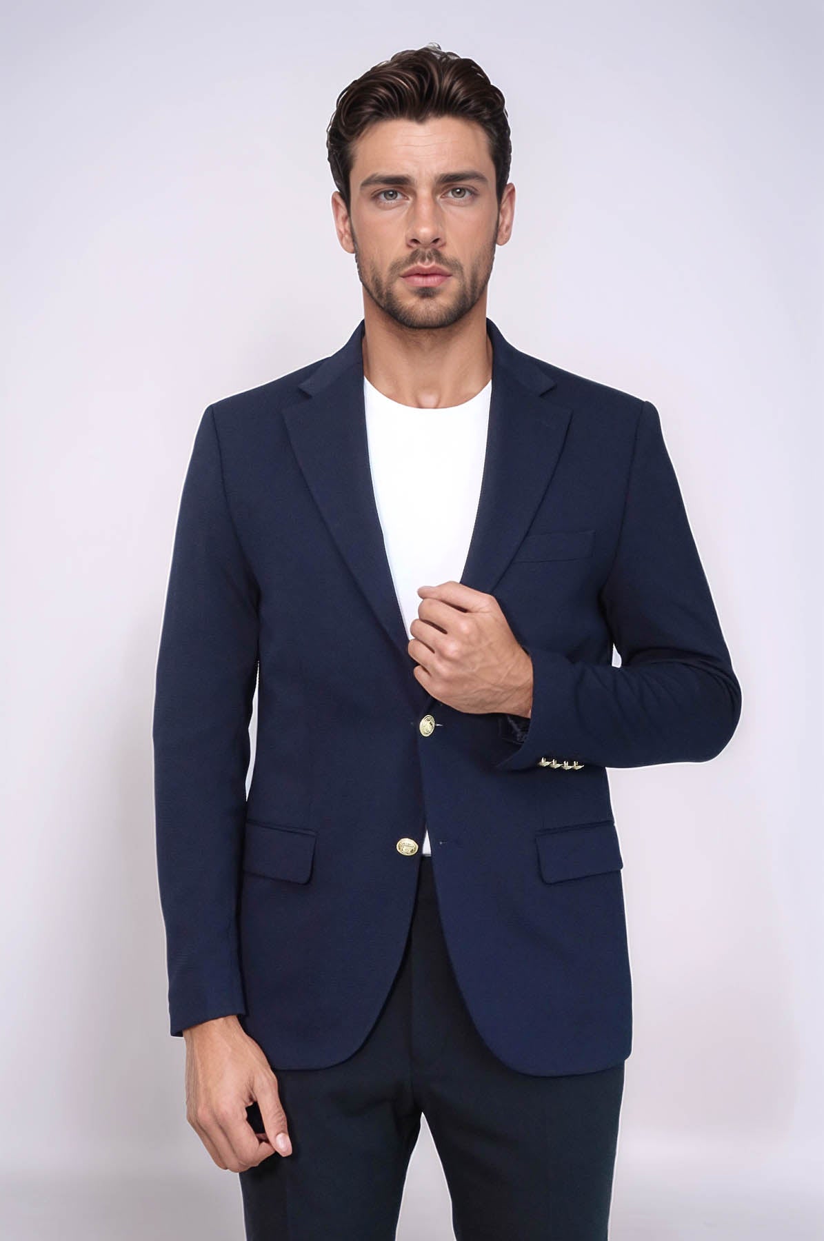 Navy Blue Textured Gold Metal Button Slim Fit Men's Blazer Jacket
