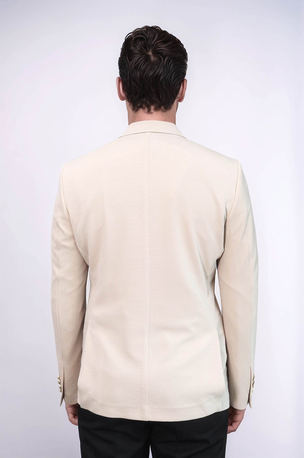 Beige Textured Gold Metal Button Slim Fit Men's Blazer Jacket