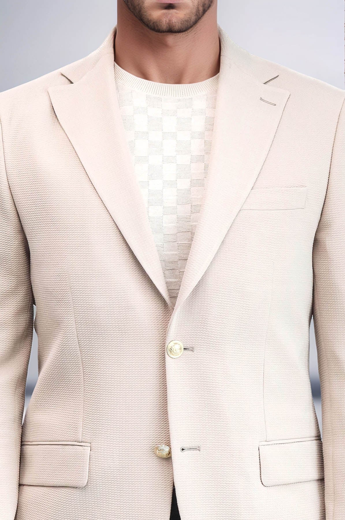 Beige Textured Gold Metal Button Slim Fit Men's Blazer Jacket