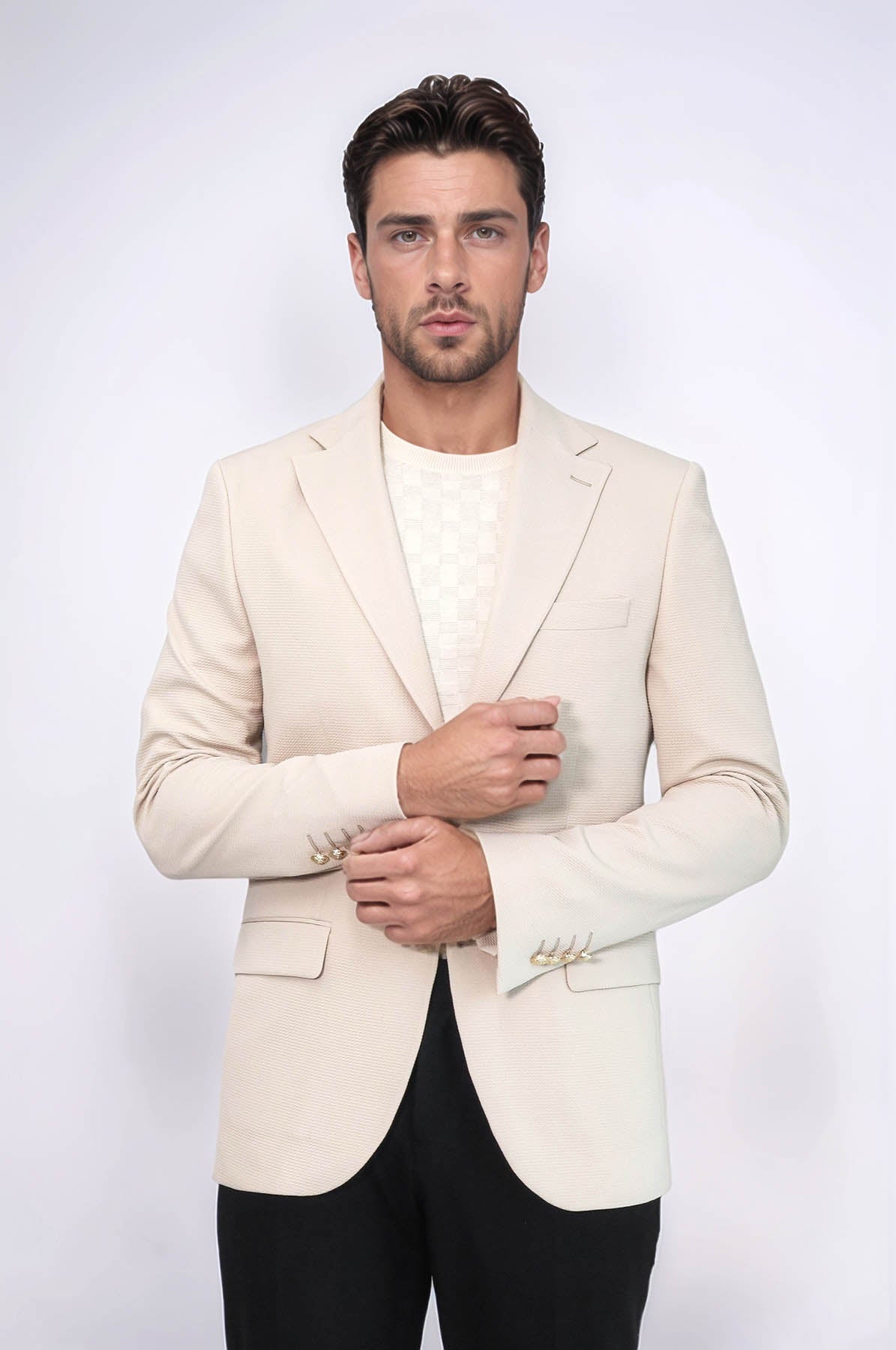 Beige Textured Gold Metal Button Slim Fit Men's Blazer Jacket