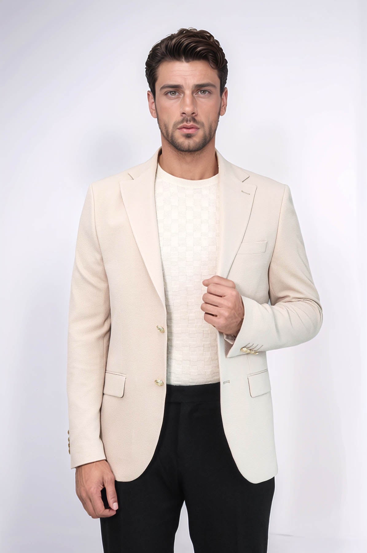 Beige Textured Gold Metal Button Slim Fit Men's Blazer Jacket