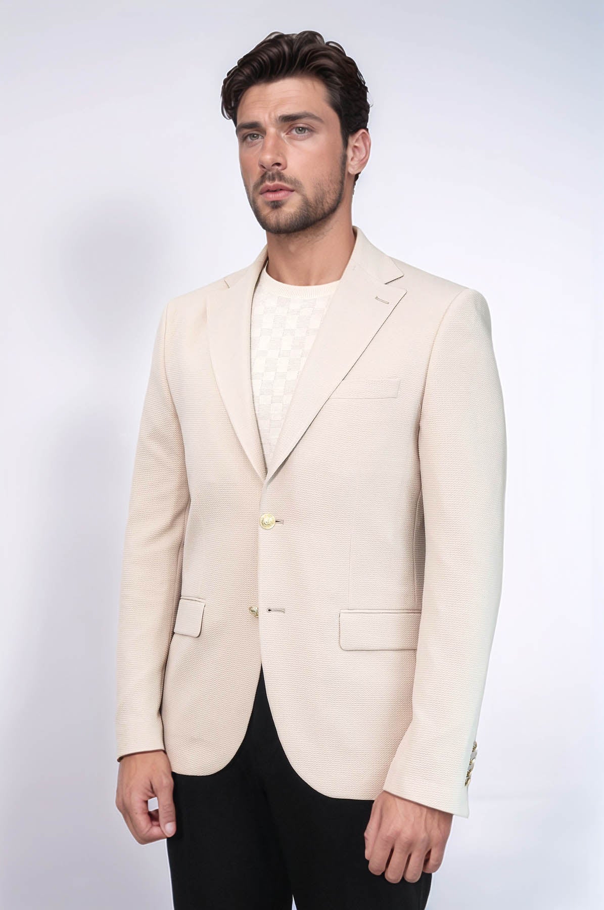 Beige Textured Gold Metal Button Slim Fit Men's Blazer Jacket