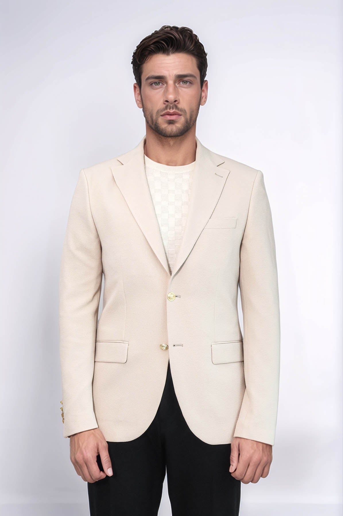 Beige Textured Gold Metal Button Slim Fit Men's Blazer Jacket