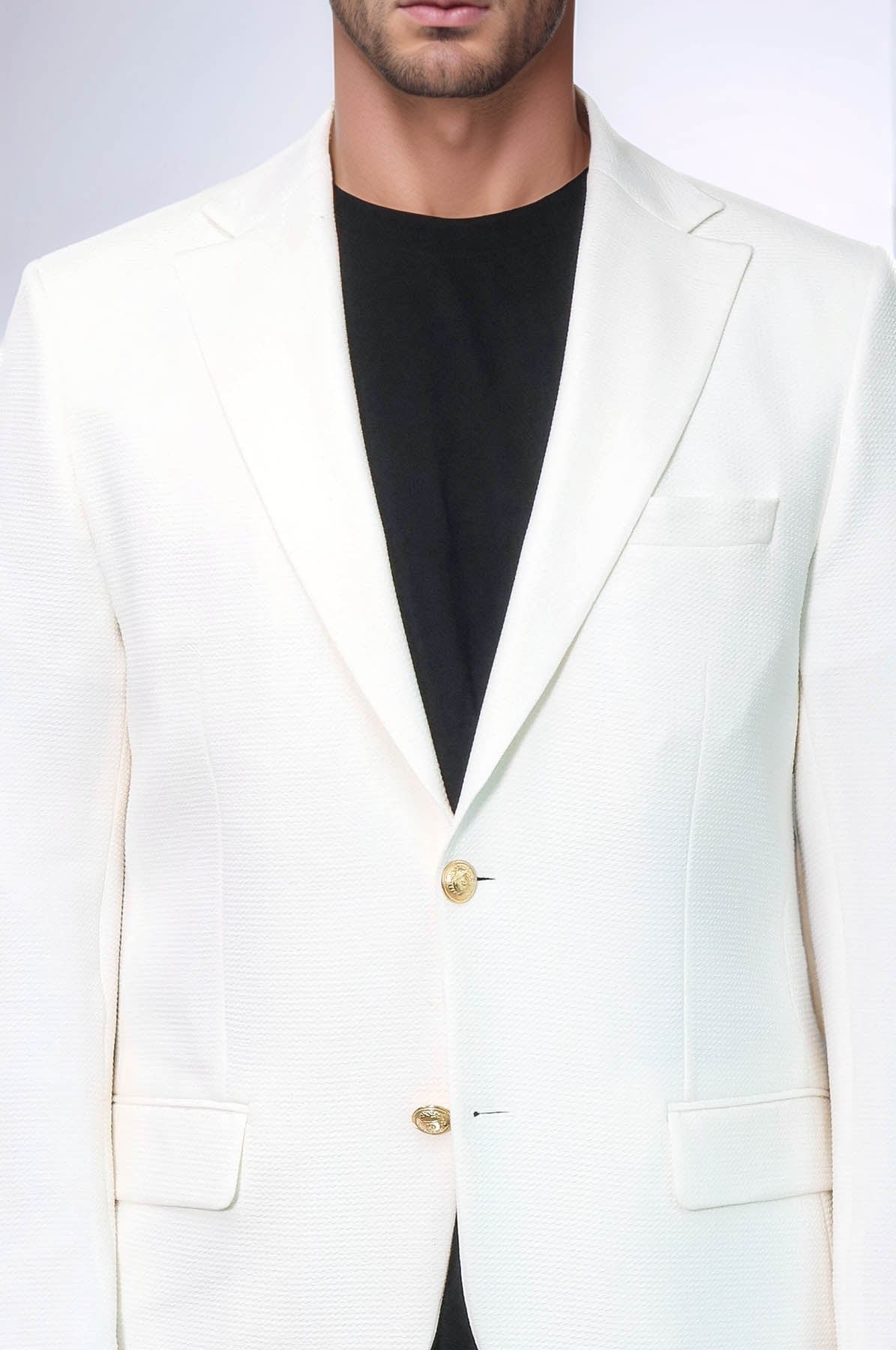 Ecru Textured Gold Metal Button Slim Fit Men's Blazer Jacket