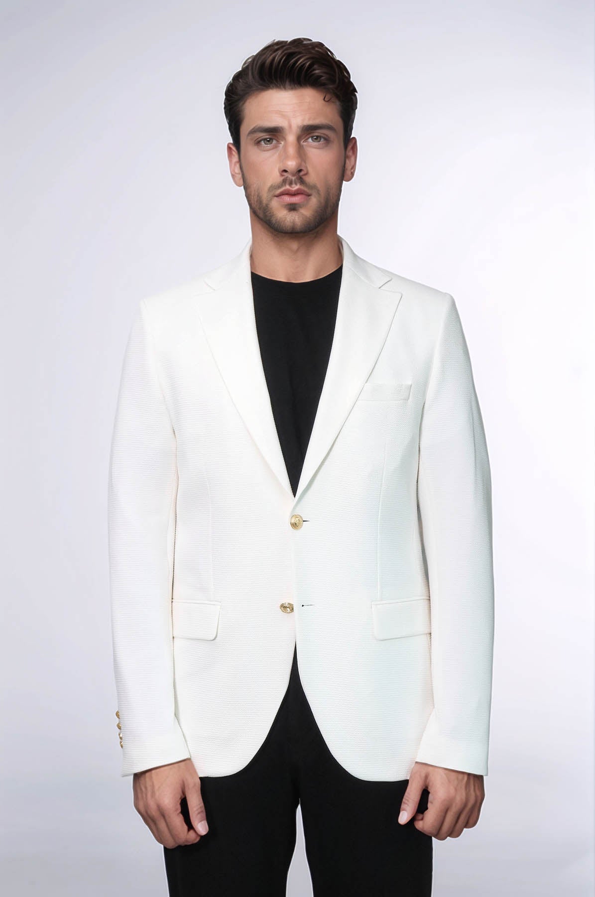 Ecru Textured Gold Metal Button Slim Fit Men's Blazer Jacket