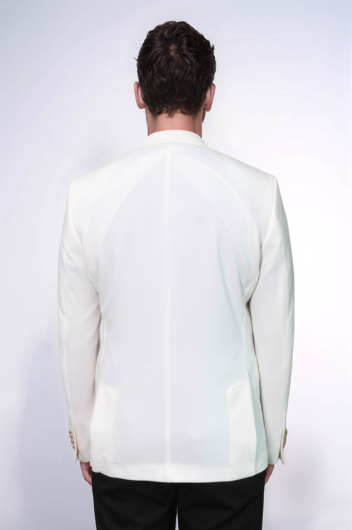 Ecru Textured Gold Metal Button Slim Fit Men's Blazer Jacket