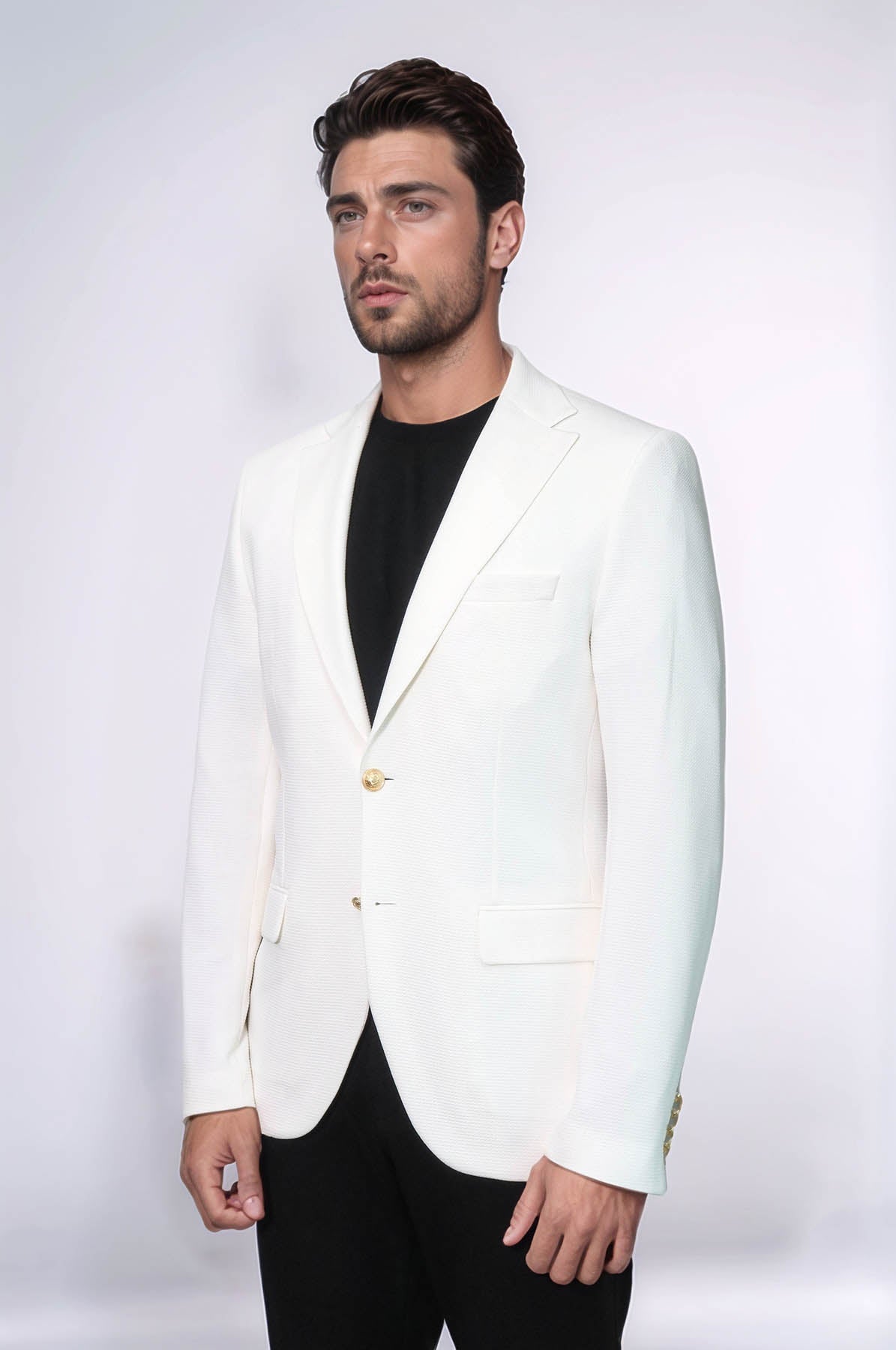Ecru Textured Gold Metal Button Slim Fit Men's Blazer Jacket