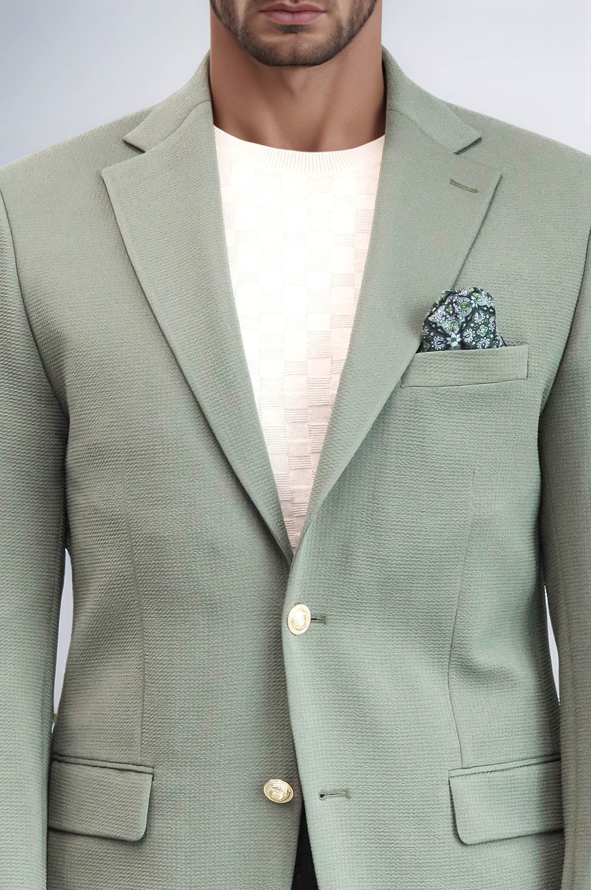 Sage Green Textured Gold Metal Button Slim Fit Men's Blazer Jacket