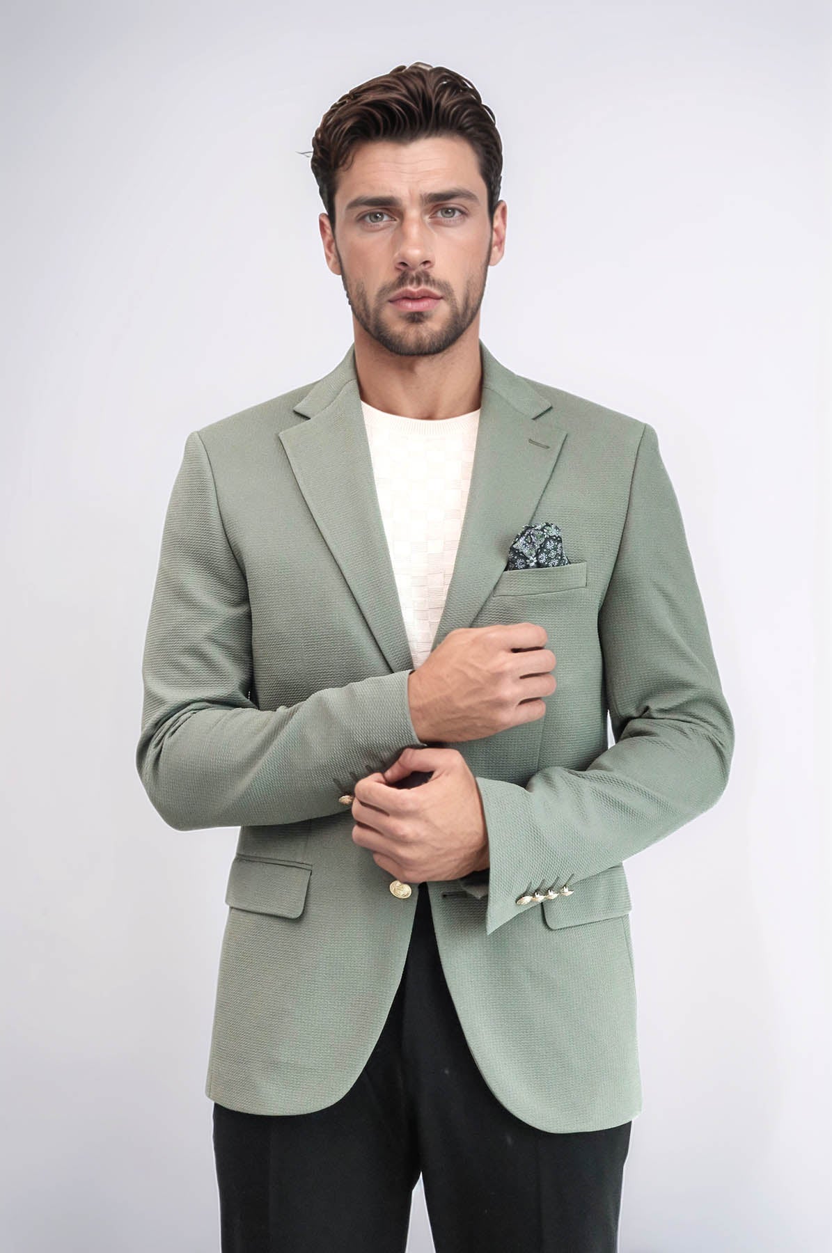 Sage Green Textured Gold Metal Button Slim Fit Men's Blazer Jacket