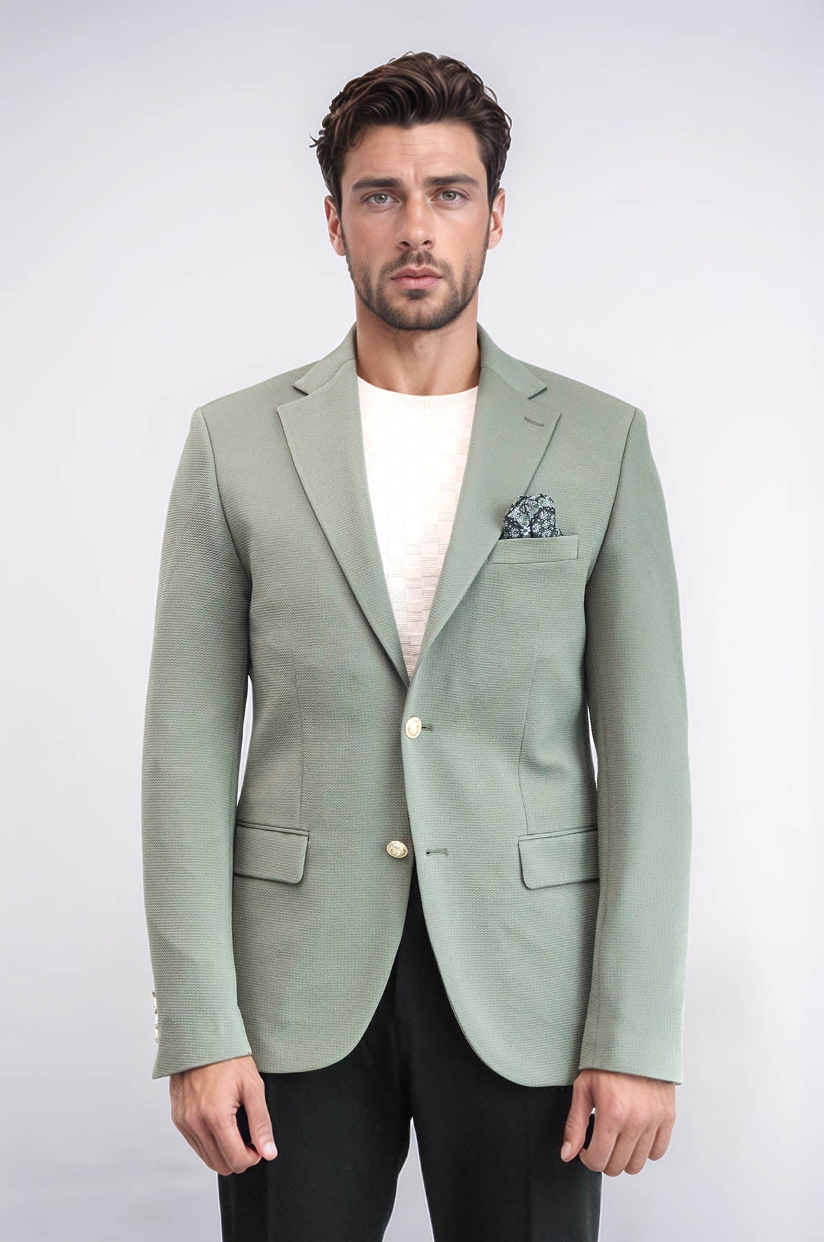 Sage Green Textured Gold Metal Button Slim Fit Men's Blazer Jacket