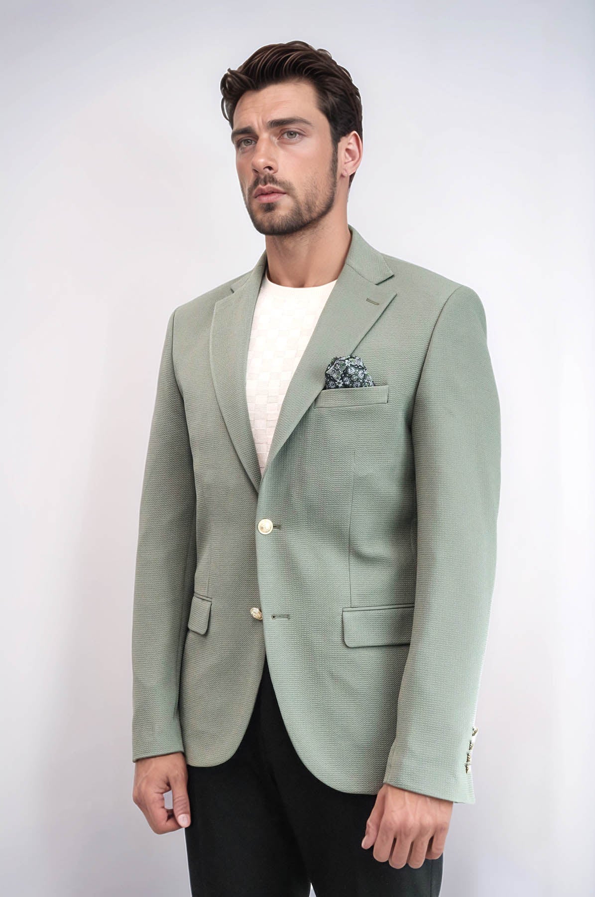 Sage Green Textured Gold Metal Button Slim Fit Men's Blazer Jacket