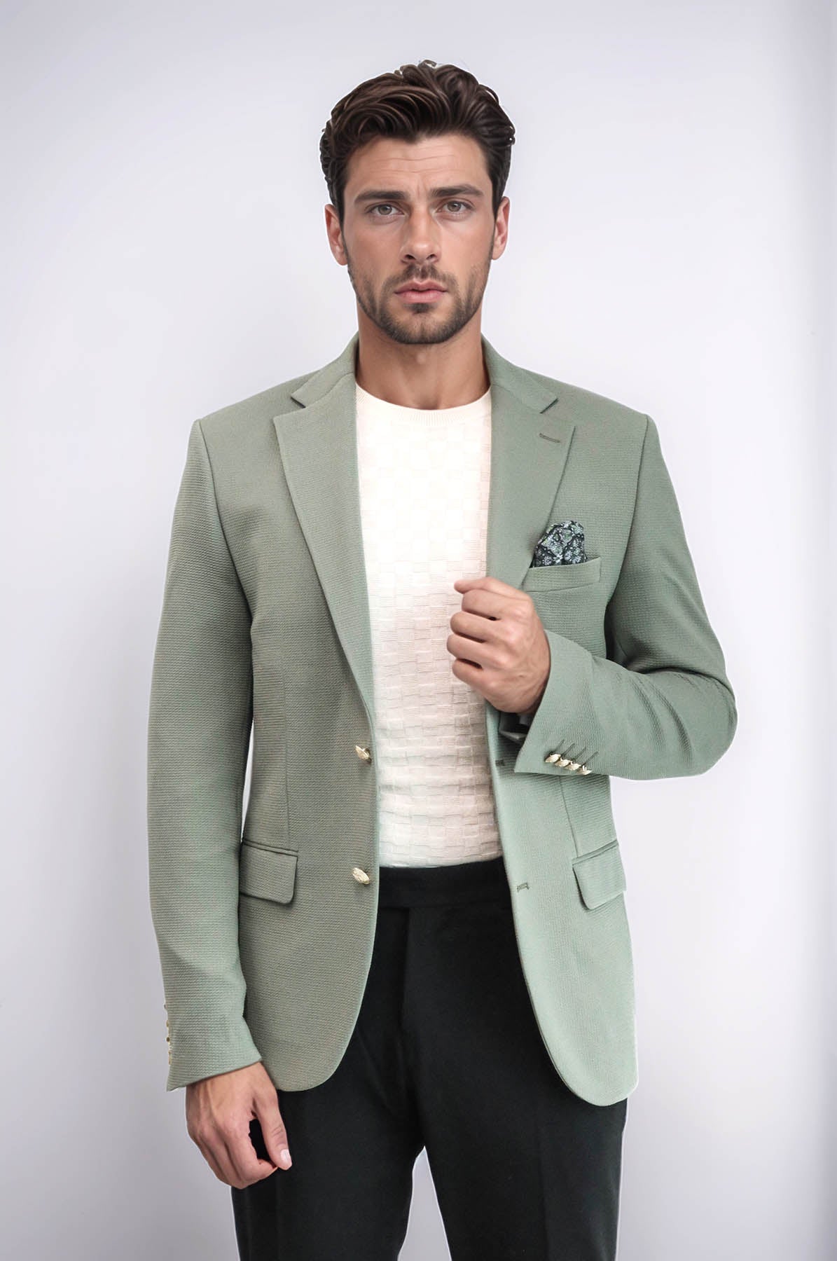 Sage Green Textured Gold Metal Button Slim Fit Men's Blazer Jacket