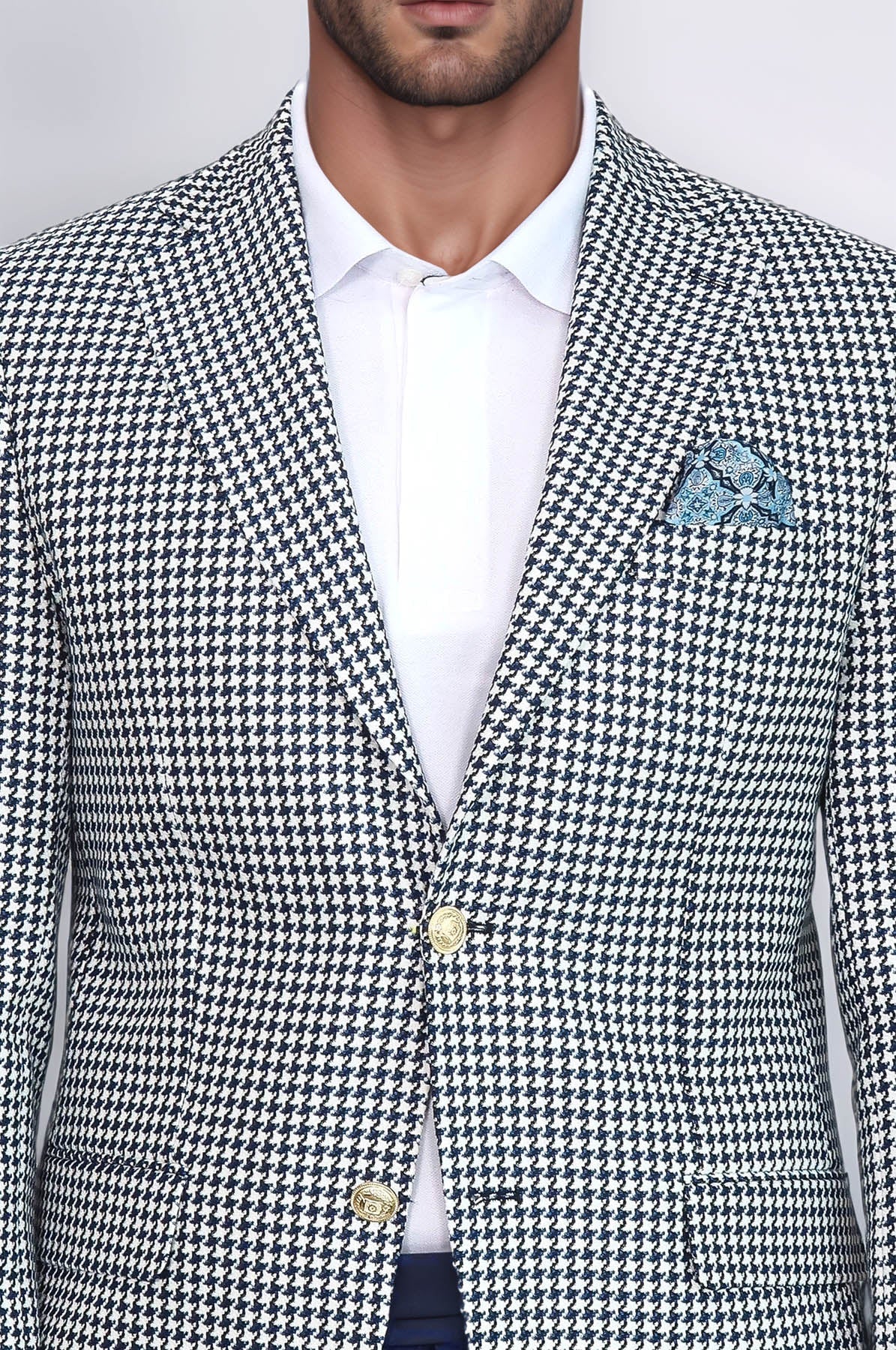 KOALA SYDNEY Navy Blue Houndstooth Pattern Gold Metal Button Slim Fit Men's Blazer Jacket