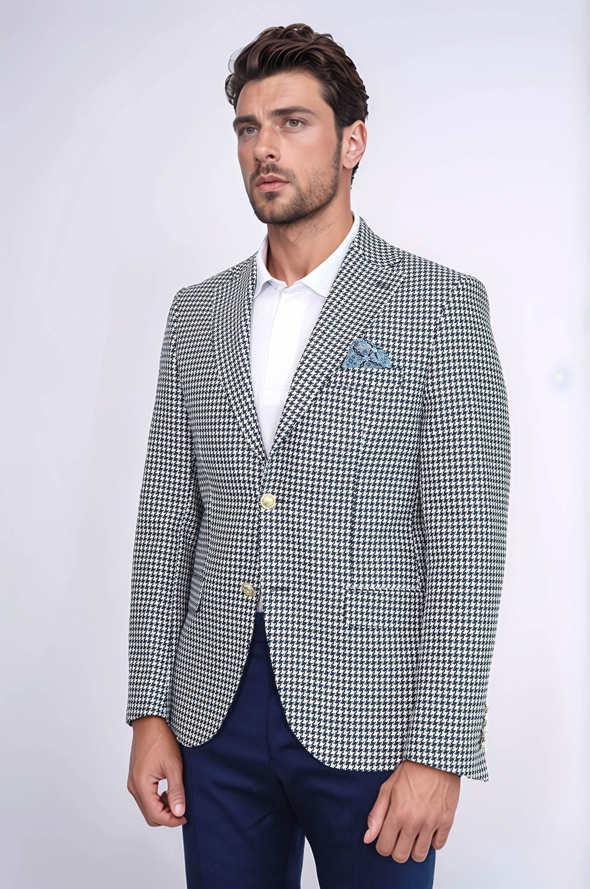 KOALA SYDNEY Navy Blue Houndstooth Pattern Gold Metal Button Slim Fit Men's Blazer Jacket