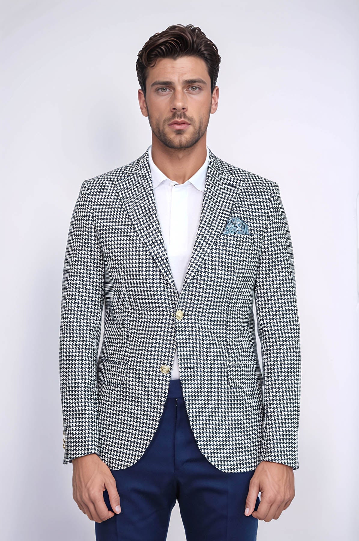 KOALA SYDNEY Navy Blue Houndstooth Pattern Gold Metal Button Slim Fit Men's Blazer Jacket