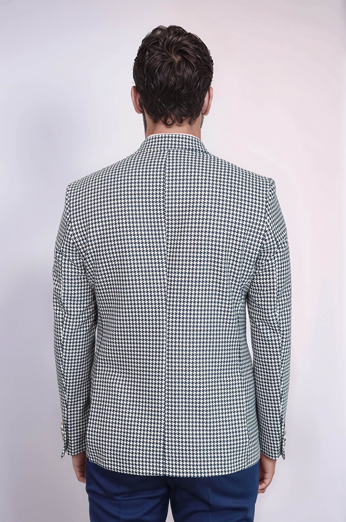 KOALA SYDNEY Navy Blue Houndstooth Pattern Gold Metal Button Slim Fit Men's Blazer Jacket