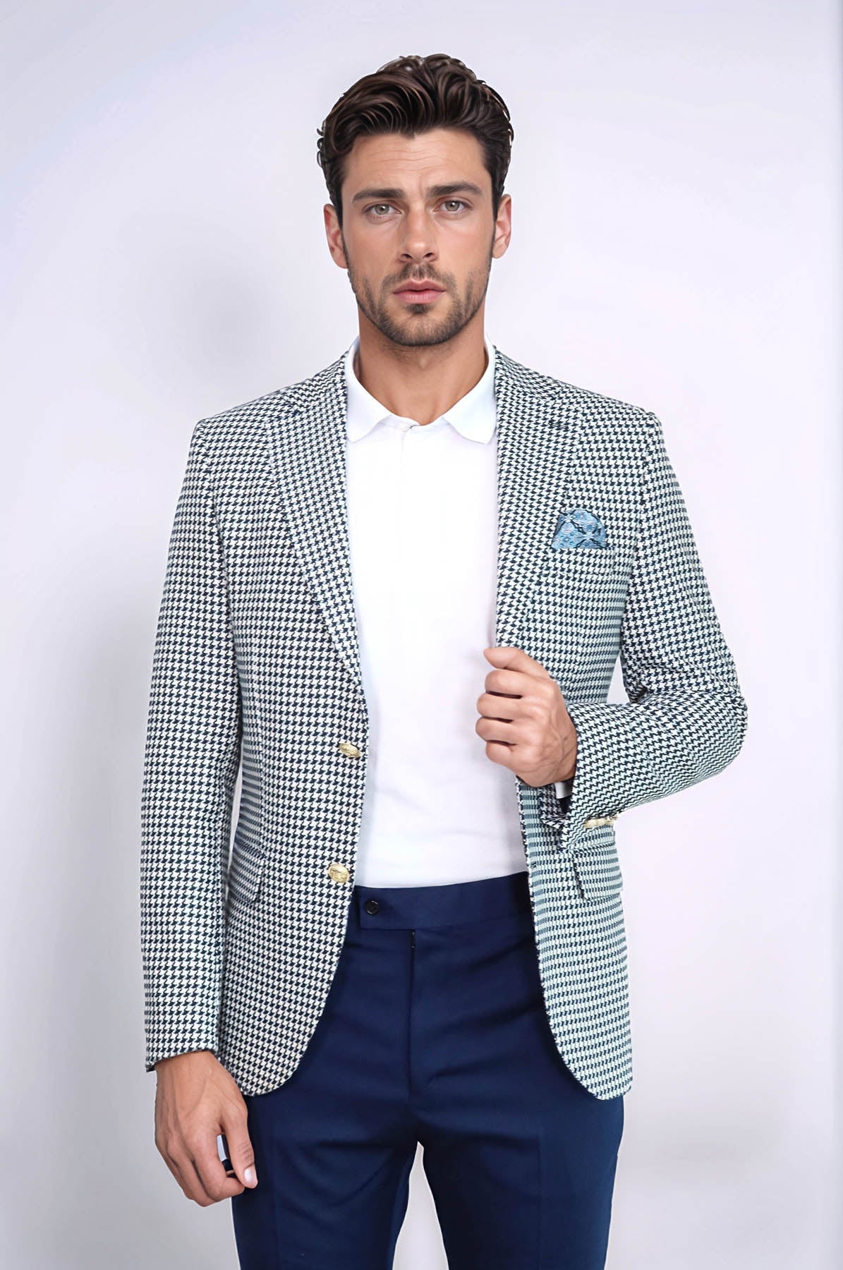 KOALA SYDNEY Navy Blue Houndstooth Pattern Gold Metal Button Slim Fit Men's Blazer Jacket