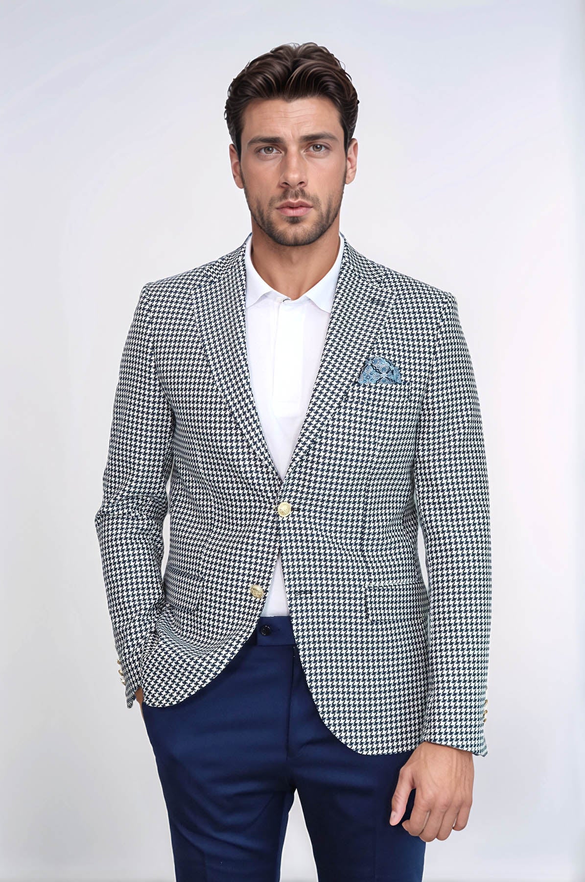 KOALA SYDNEY Navy Blue Houndstooth Pattern Gold Metal Button Slim Fit Men's Blazer Jacket