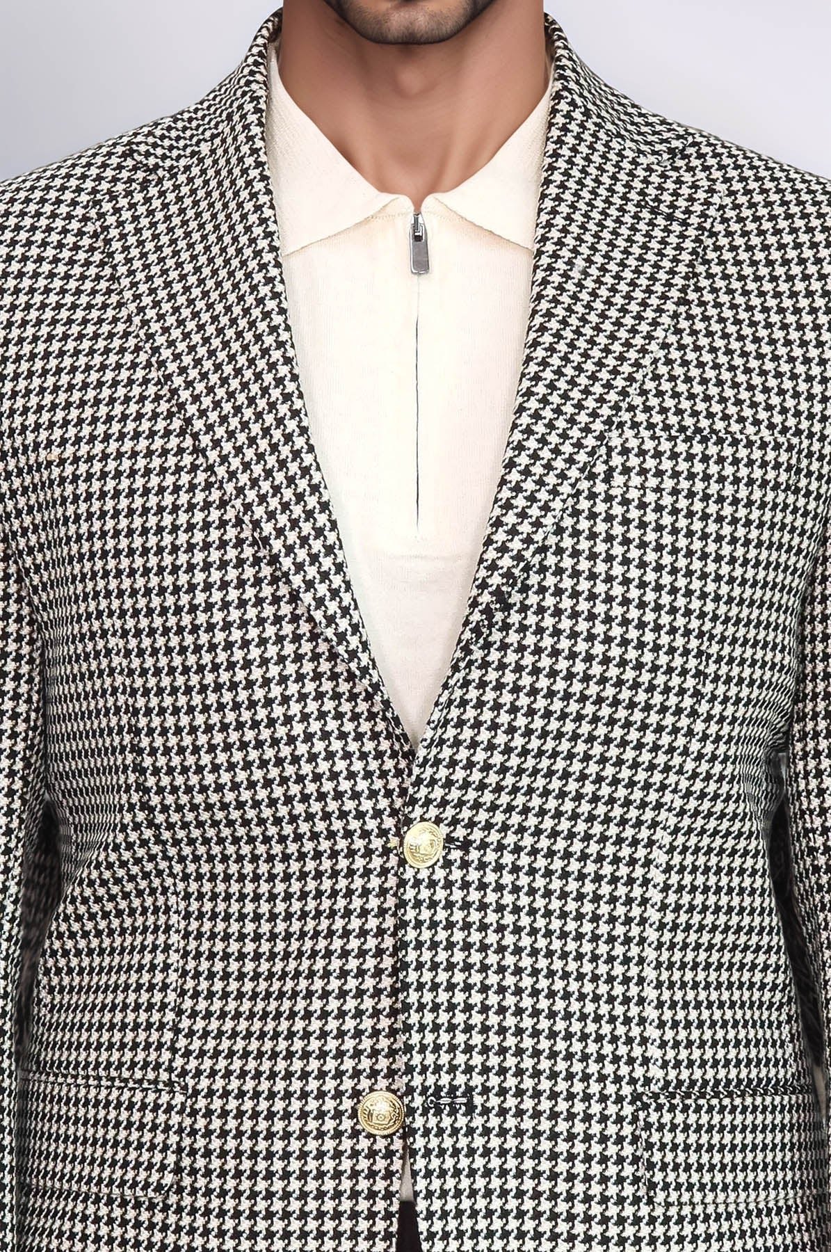 Black & Cream Houndstooth Pattern Gold Metal Button Slim Fit Men's Blazer Jacket