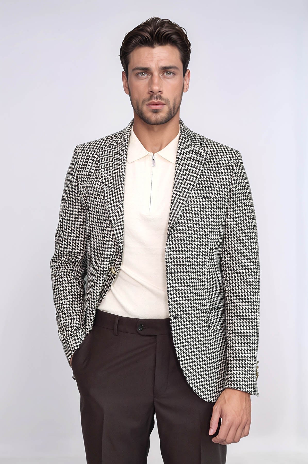 Black & Cream Houndstooth Pattern Gold Metal Button Slim Fit Men's Blazer Jacket
