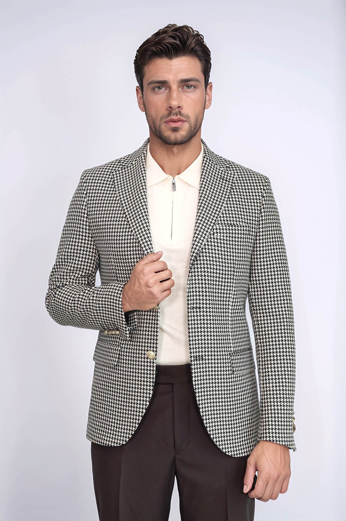 Black & Cream Houndstooth Pattern Gold Metal Button Slim Fit Men's Blazer Jacket